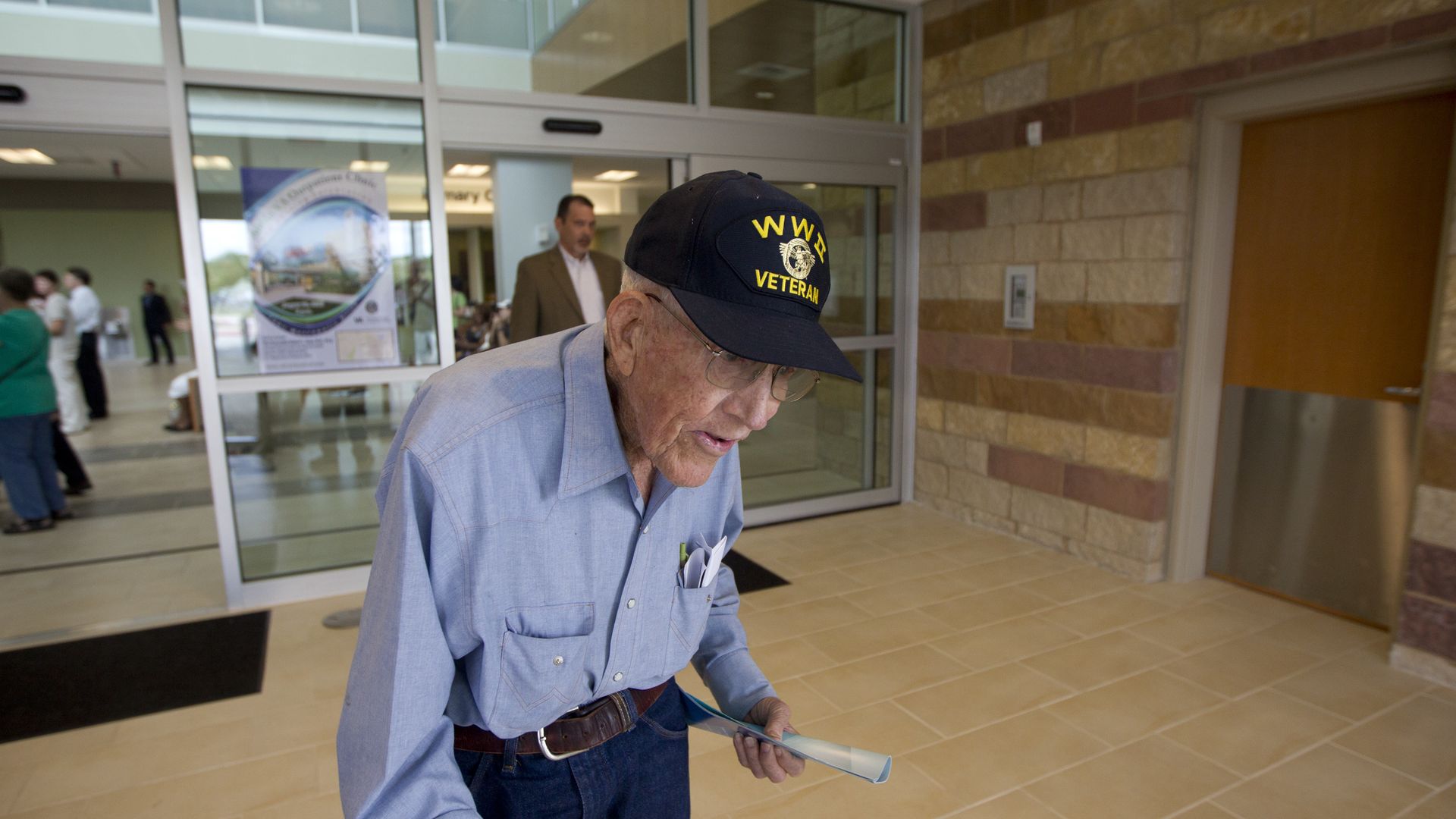 A veteran walks out of an outpatient clinic in Texas.