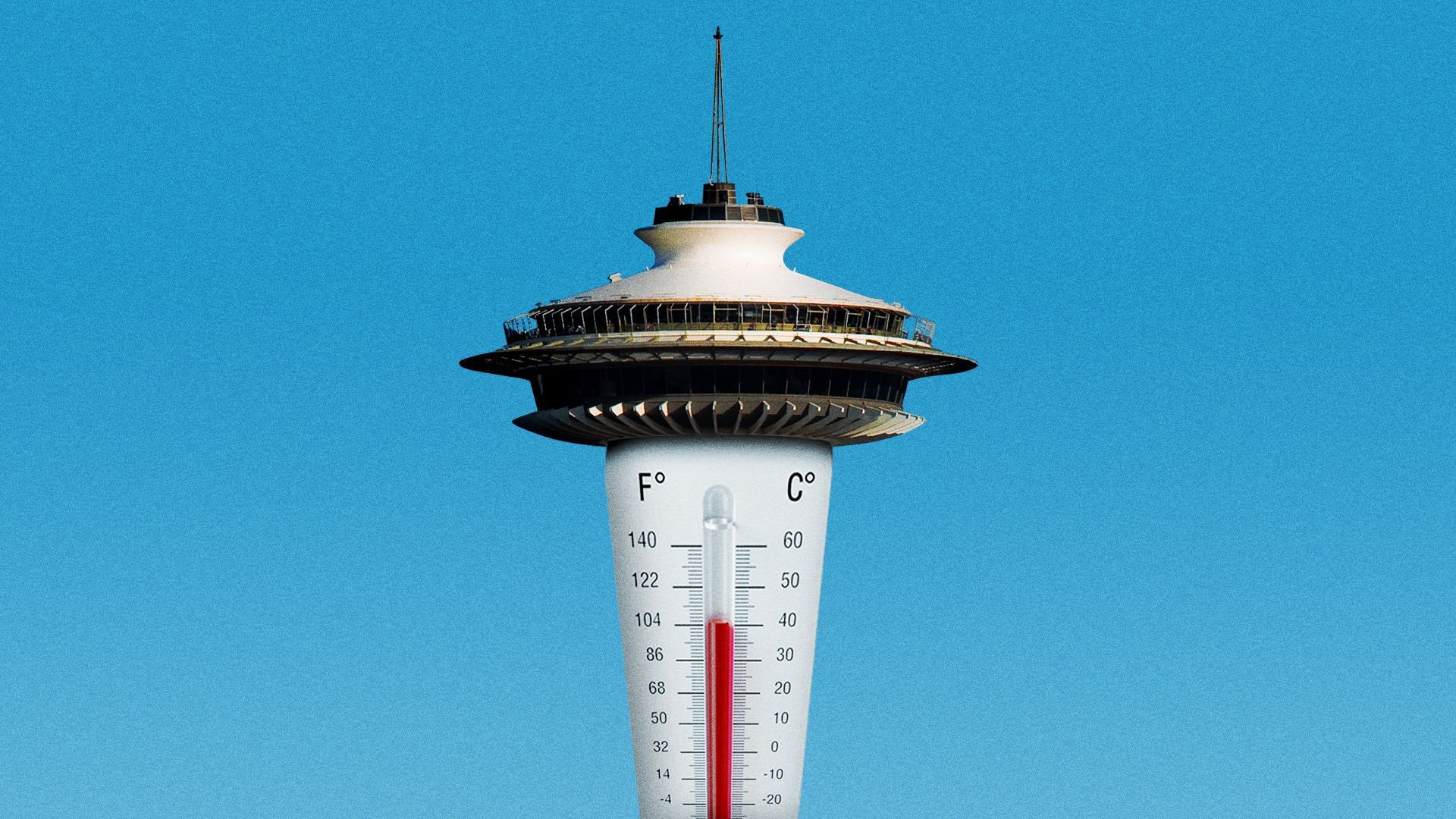 Illustration of the Seattle space needle, but the base is a thermometer.