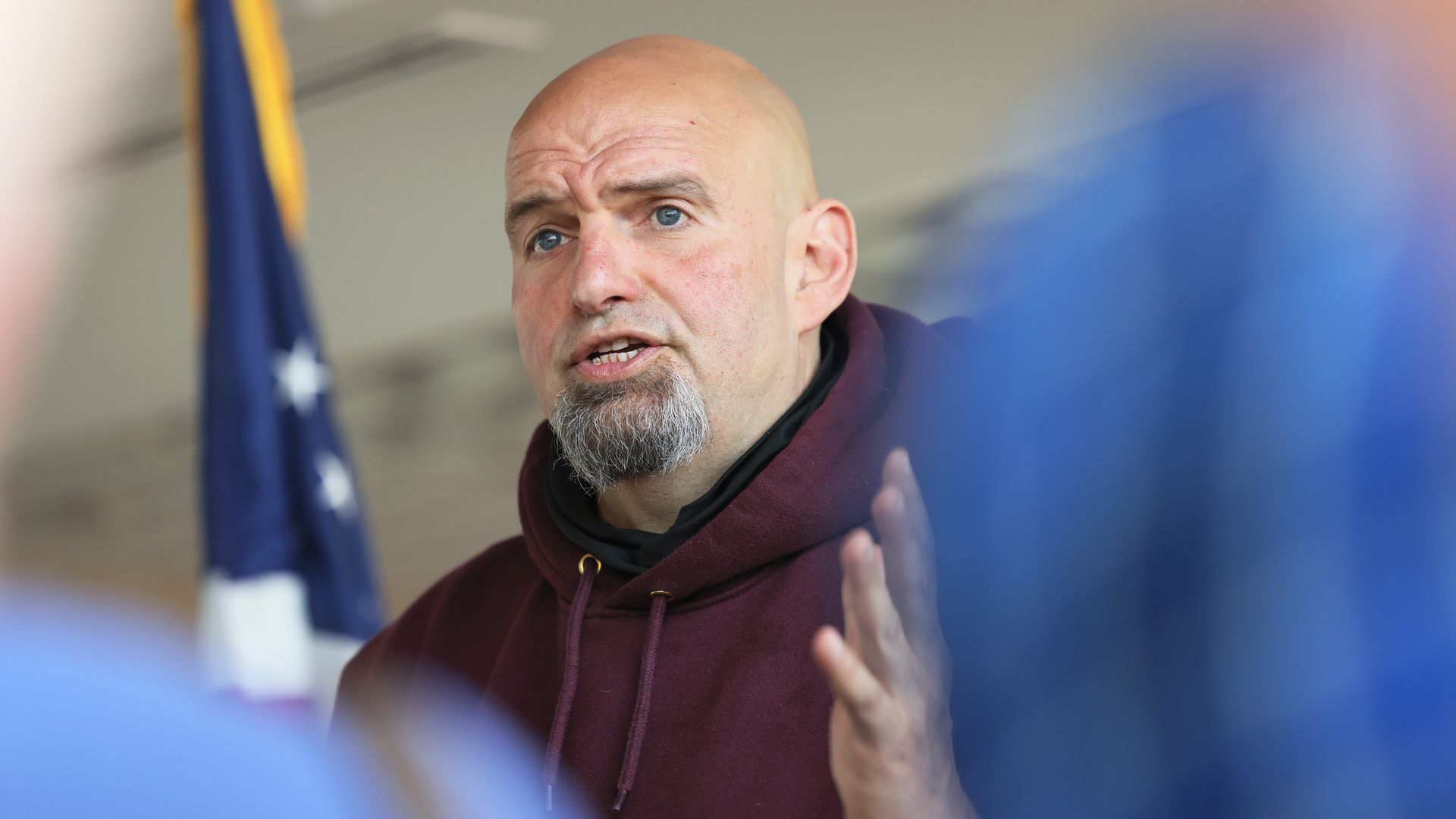 Pennsylvania Lt. Gov. John Fetterman campaigns for U.S. Senate at a meet and greet at Joseph A. Hardy Connellsville Airport on May 10, 2022.