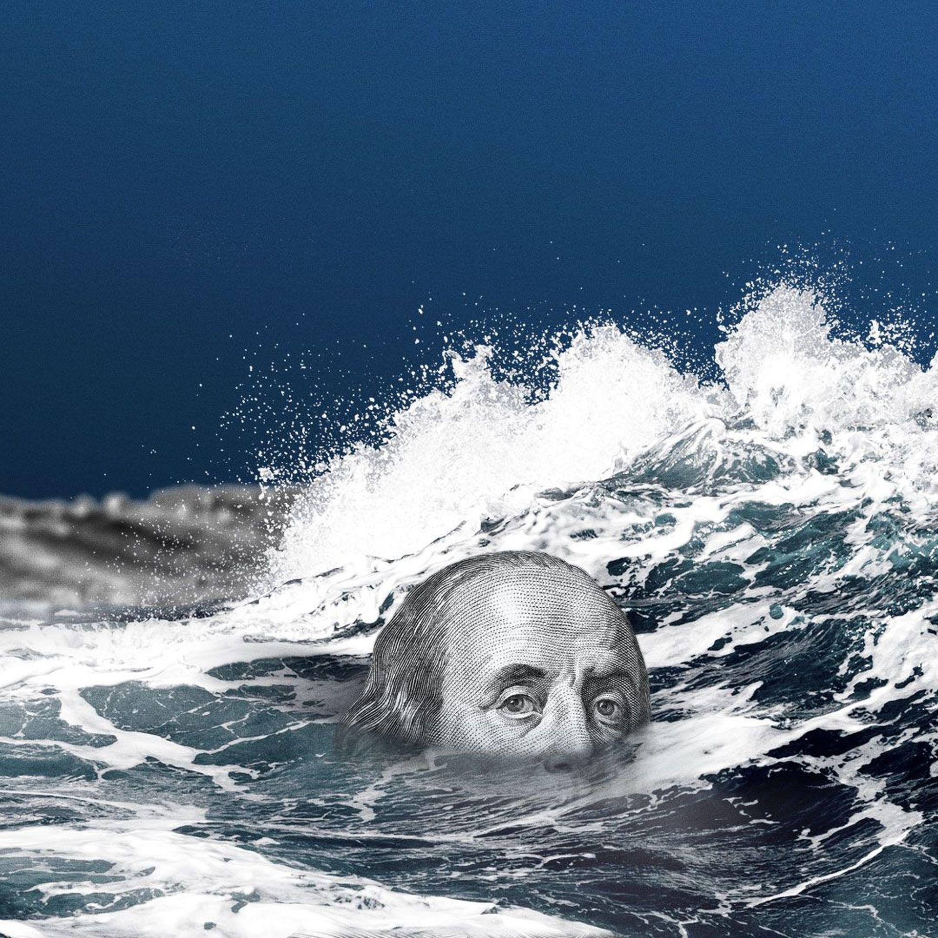 Illustration of Benjamin Franklin with his head almost under water