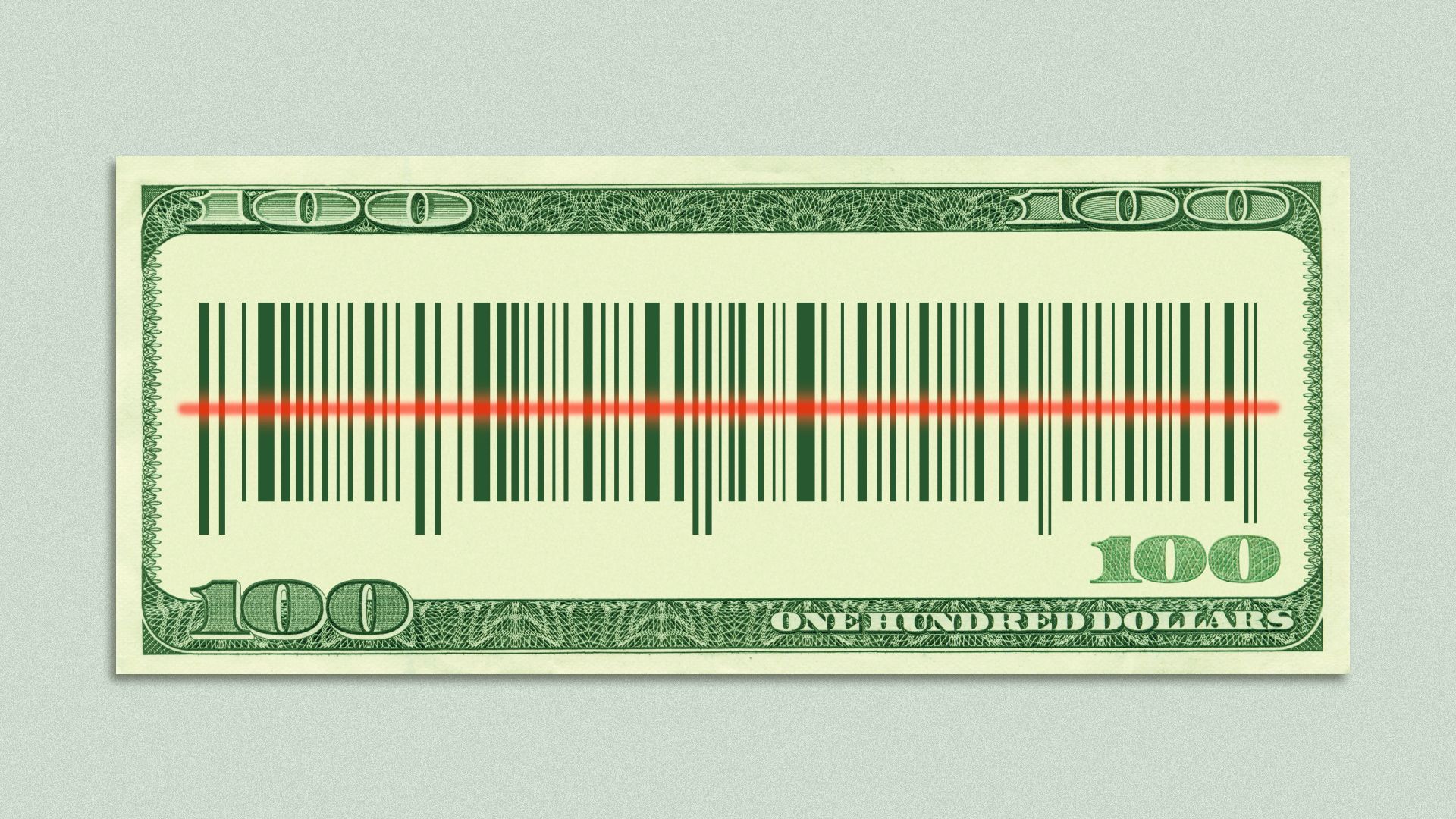 Illustration of a blank hundred dollar bill with a barcode running along the center of the bill. 