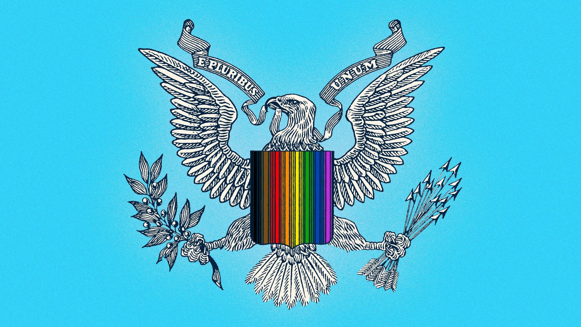 Illustration of the US eagle seal holding the rainbow flag.