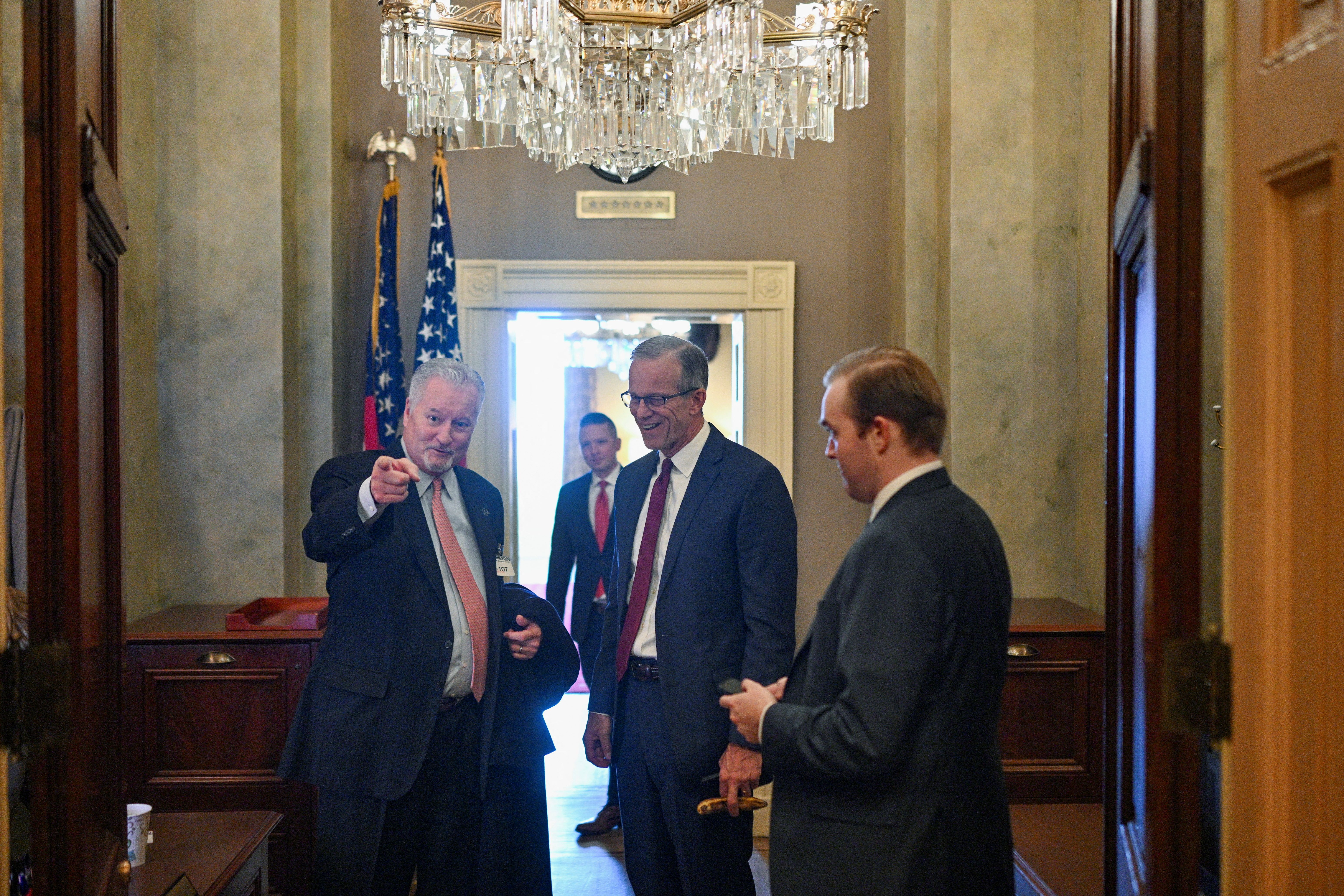 New Senate Majority Leader John Thune (R-SD) speaks in his office ahead of the first day of the 119th Congress at the U.S. Capitol in Washington, U.S.,January 3, 2025. REUTERS/Jon Cherry  