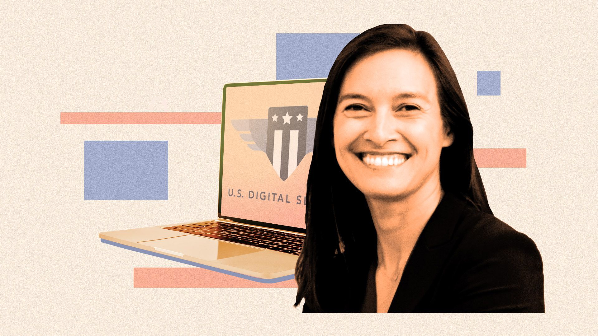 Photo illustration of incoming USDS administrator Mina Hsiang in front of a laptop with the USDA logo on it