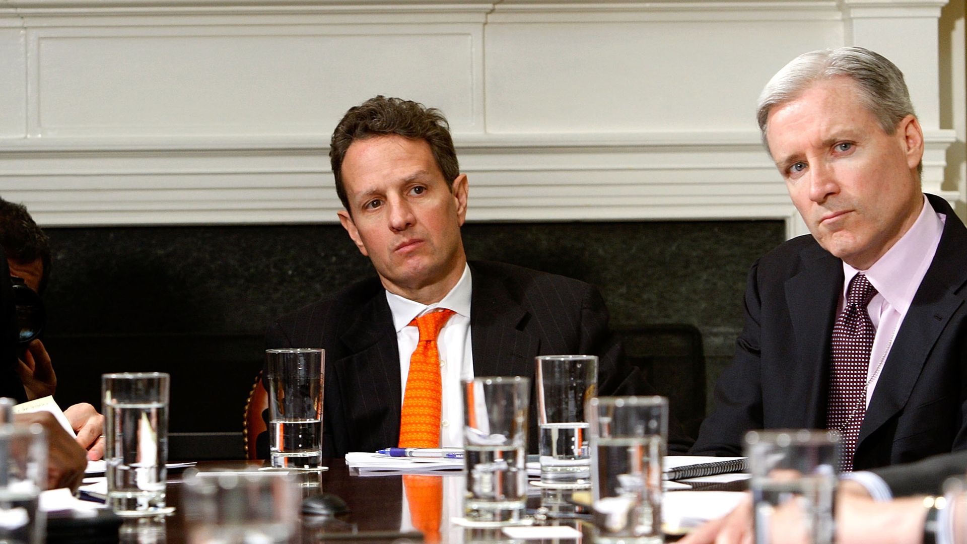 Former Treasury Secretary Timothy Geithner (left) is seen sitting in the White House with Mark Gallogly.
