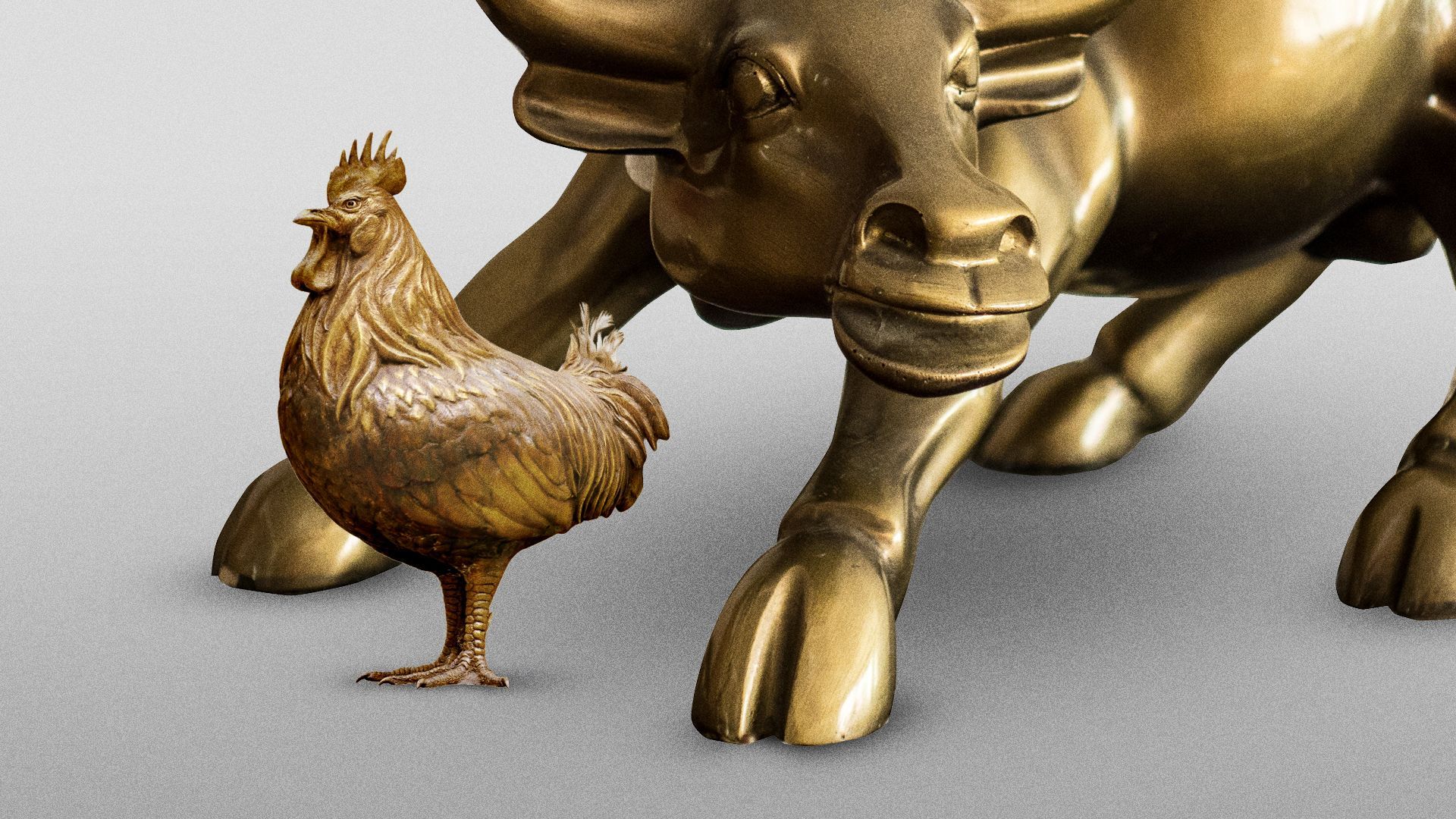 Illustration of the Wall Street bull statue with a bronze statue of a chicken, both standing on a light gray surface with detailed features and a shiny finish.