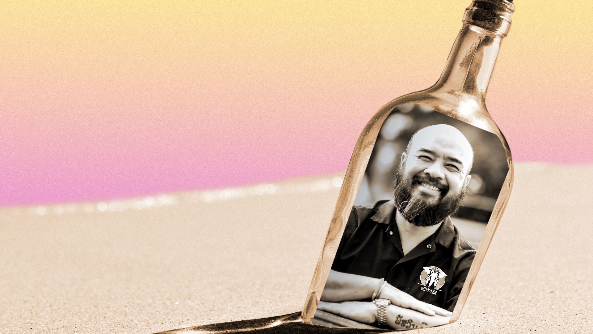 Photo Illustration of Bob Somsith inside a bottle on a beach.