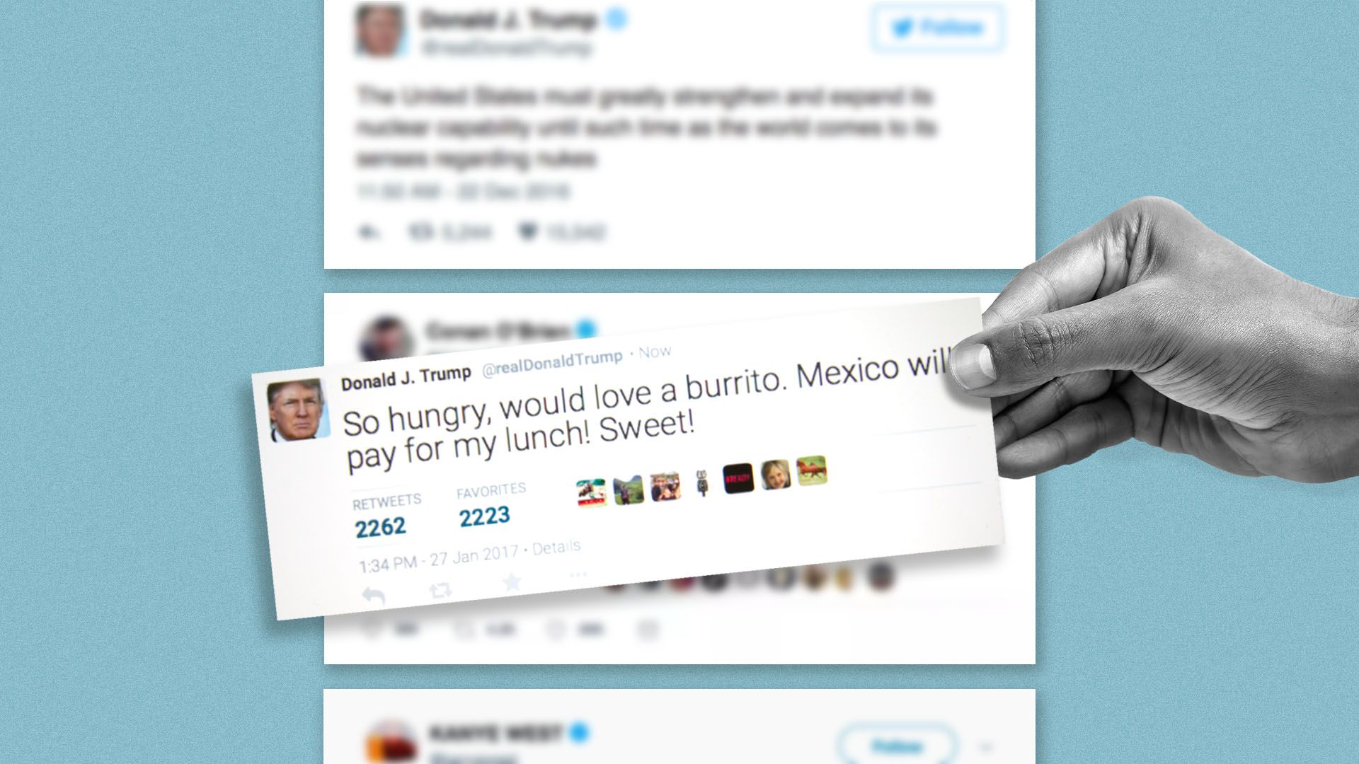 Illustration of hand holding an actual fake tweet from a Chinese website over a twitter newsfeed.
