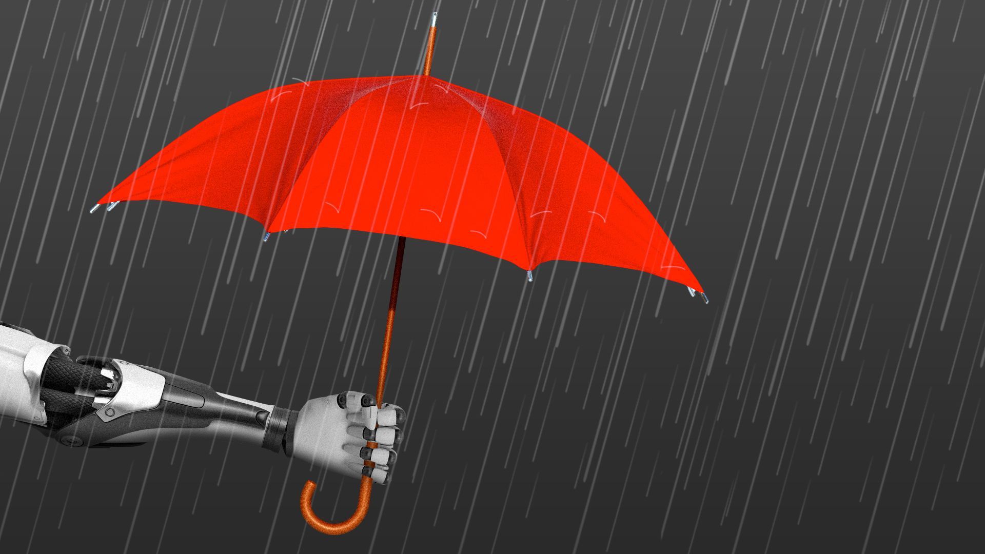 Illustration of a robotic arm holding an umbrella in the rain.