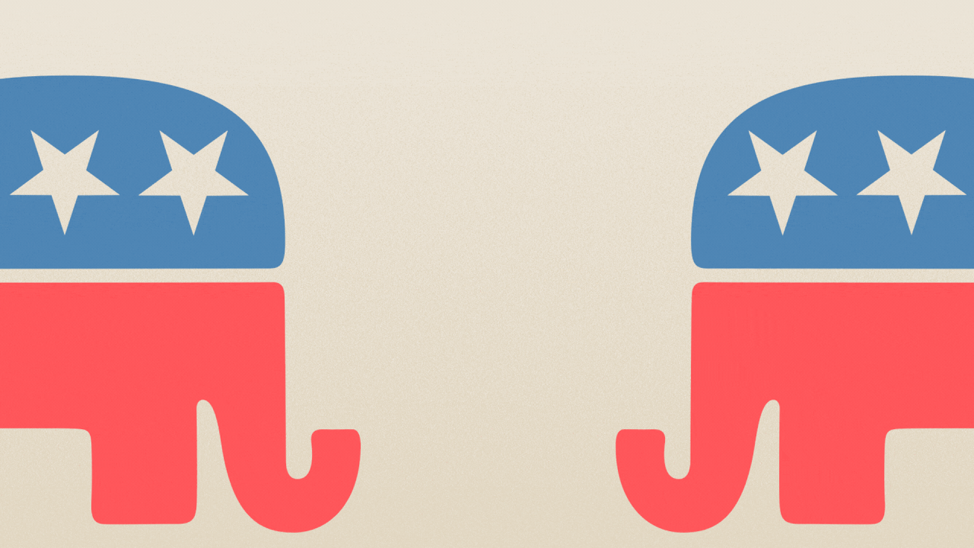 Illustration of two Republican elephant logos butting heads, with the one on the right getting smaller after every impact.