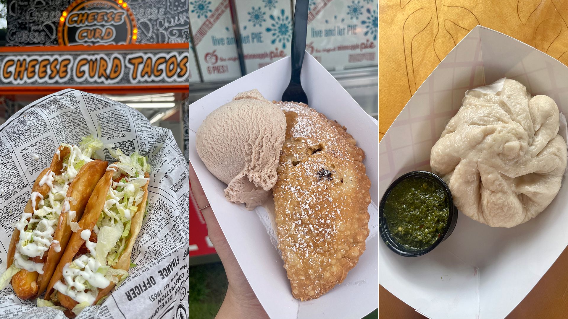 Photos of tacos, a small pie and a steamed bun.