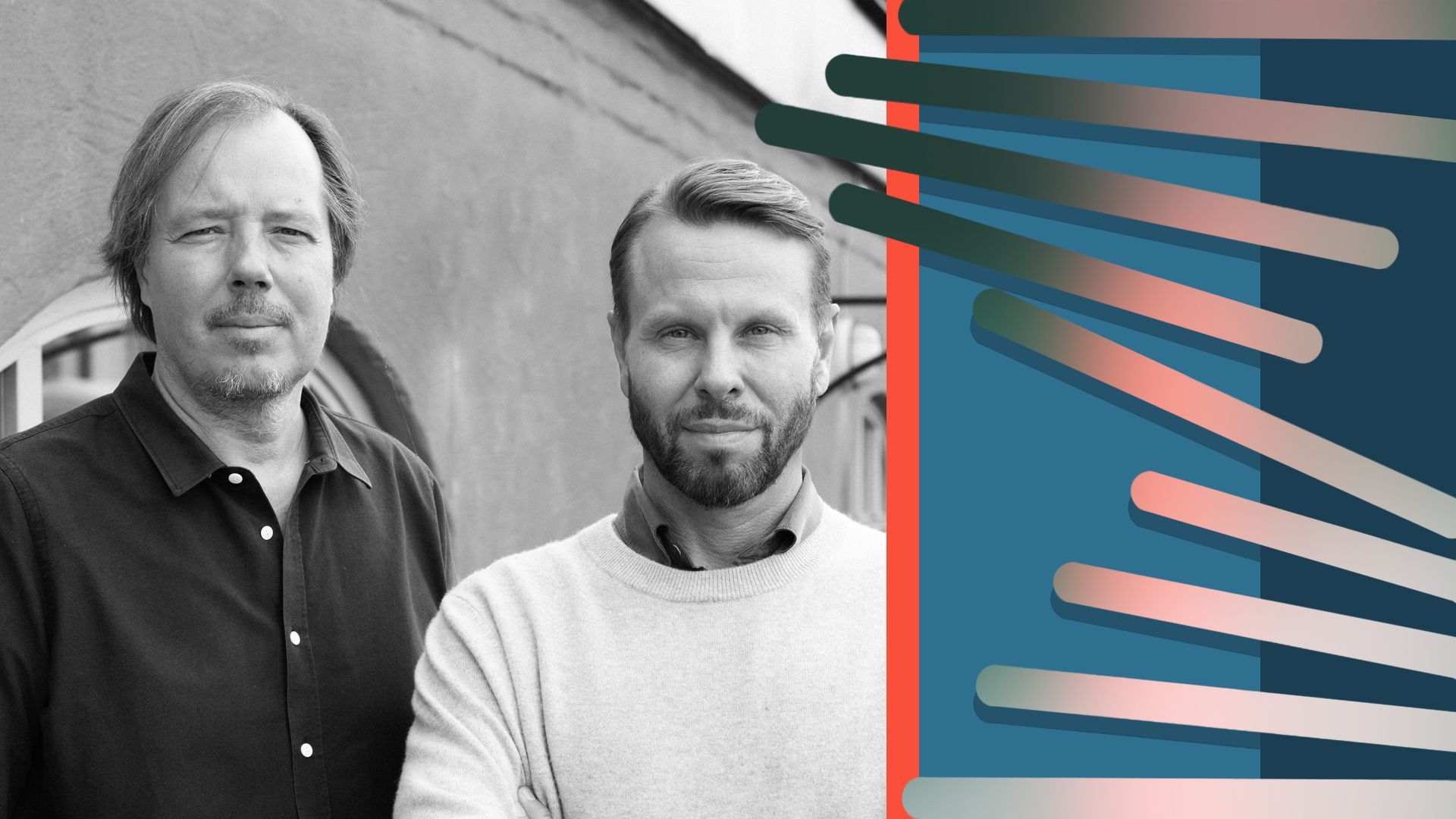 Photo illustration of Måns Ulvestam and Karl Rosander next to the  Sesamy logo