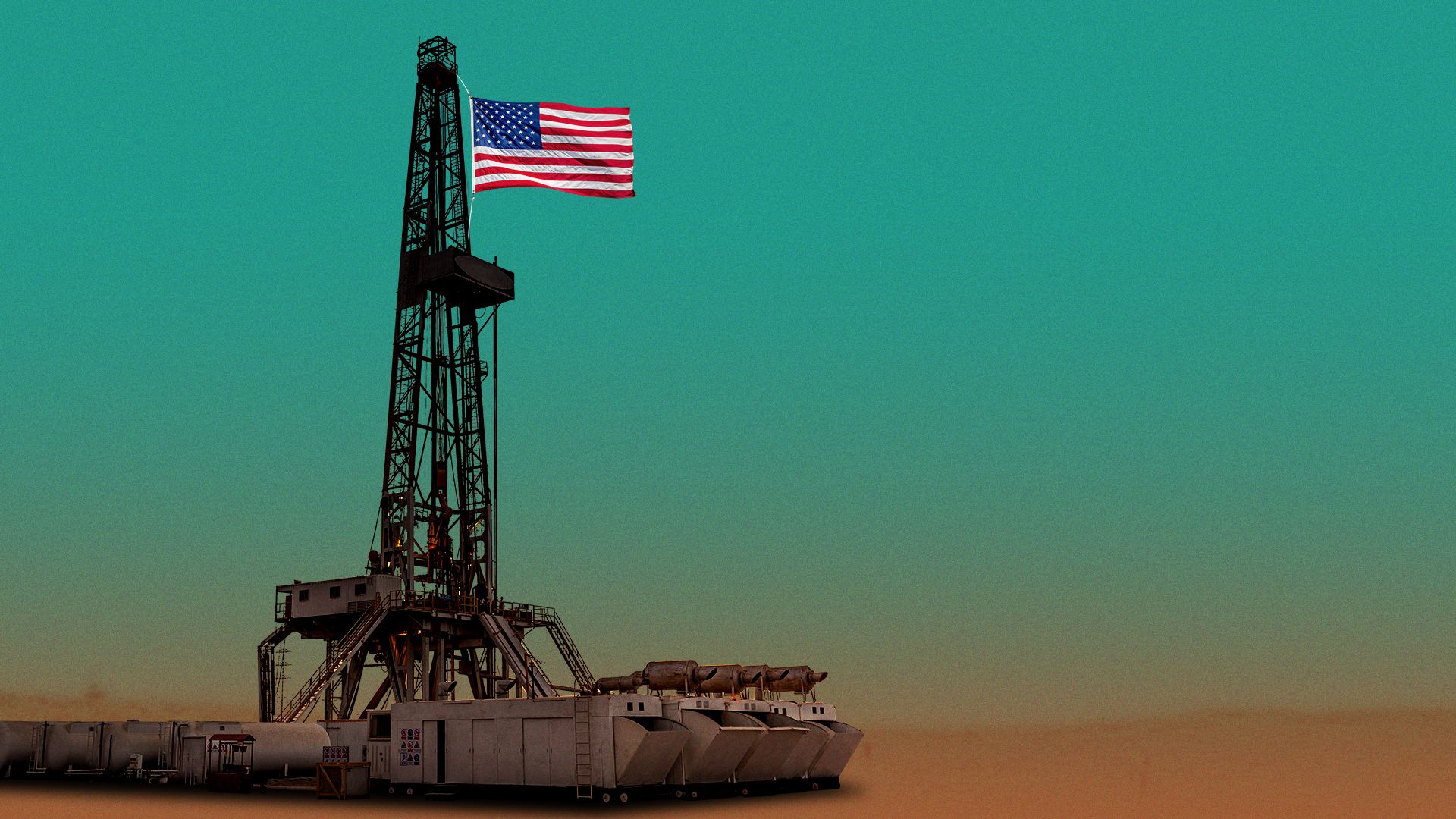Illustration of a fracking drill site with an American flag at the top of the drill.