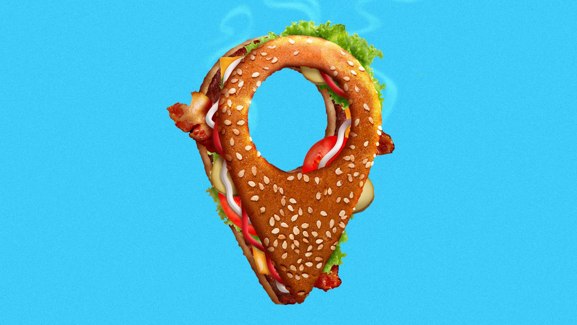 Illustration of a bacon cheeseburger in the shape of a location icon
