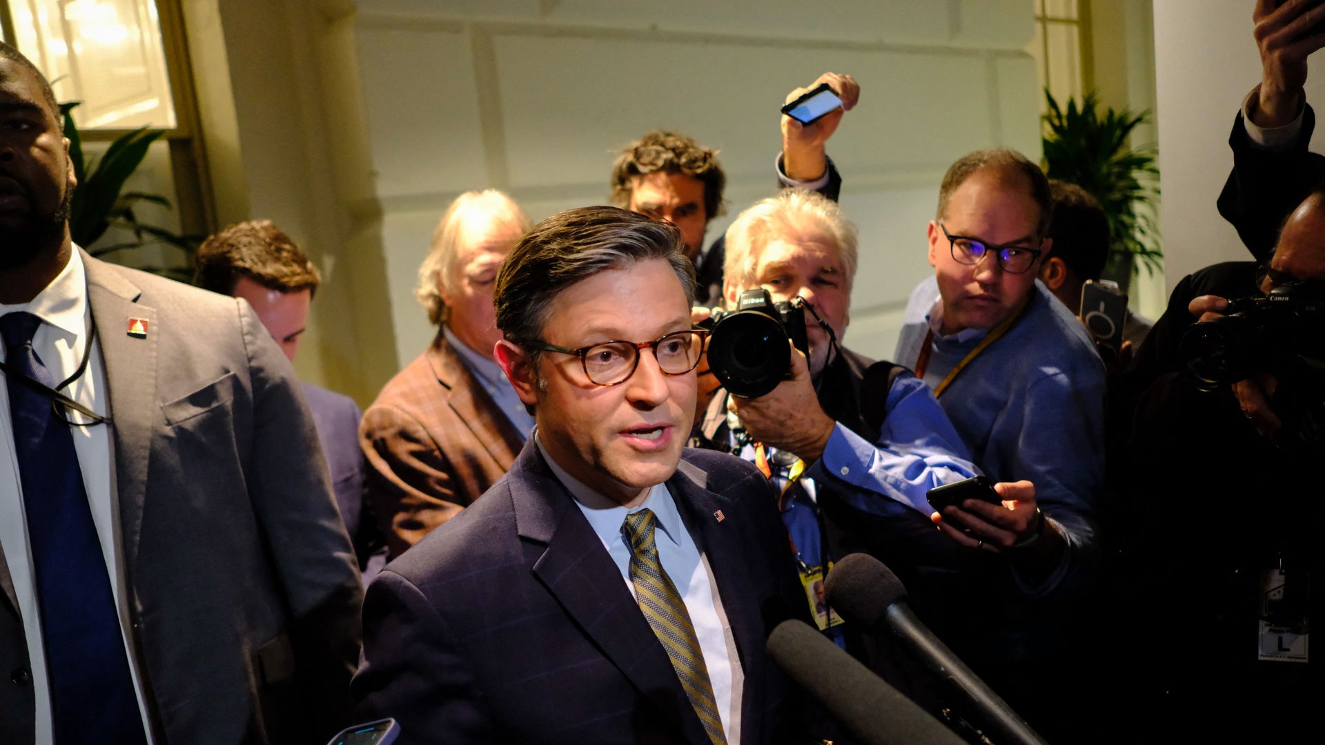 Mike Johnson, Speaker of the United States House of Representatives, addresses members of the press at the Capitol, in Washington, DC on December 20, 2024.