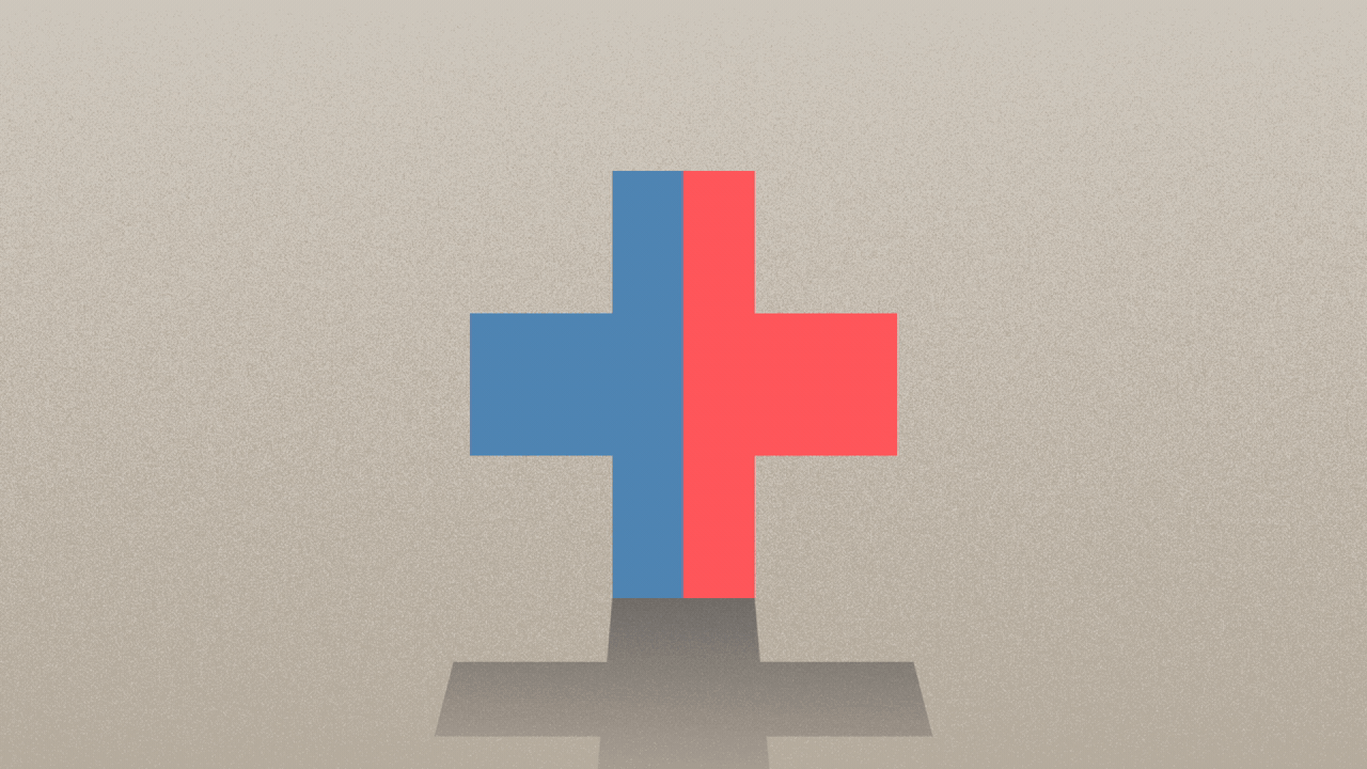 Illustration of a healthcare cross, half red, half blue, with the colors fighting to take over the whole cross.