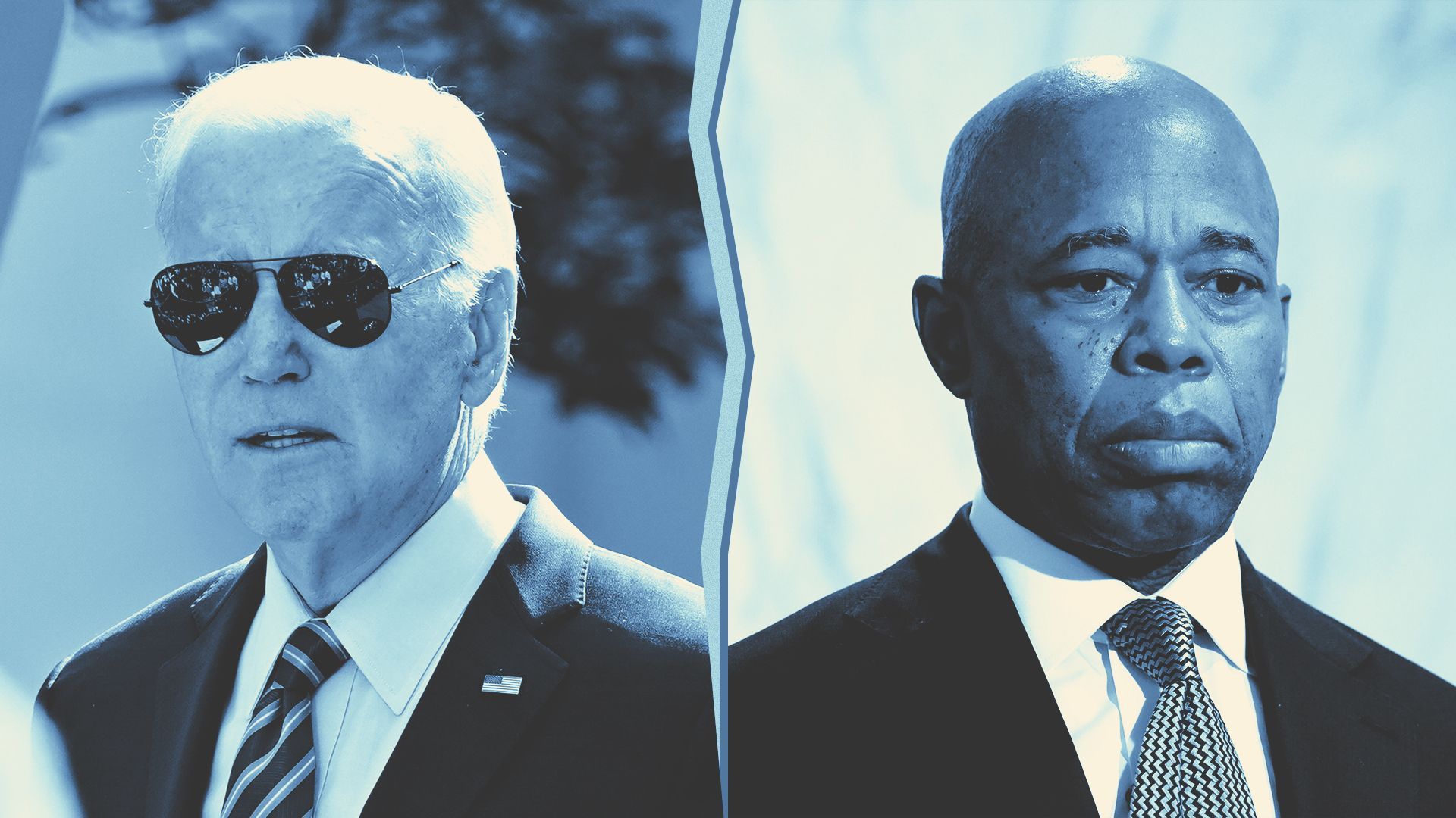 Photo illustration of Joe Biden and Eric Adams with a split between them.