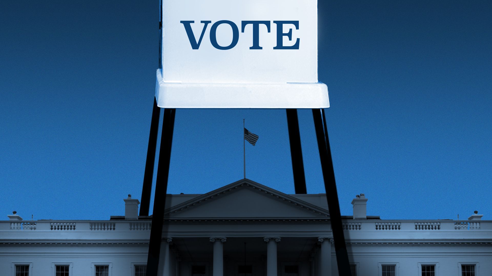 Illustration of a voting booth looming over the White House.