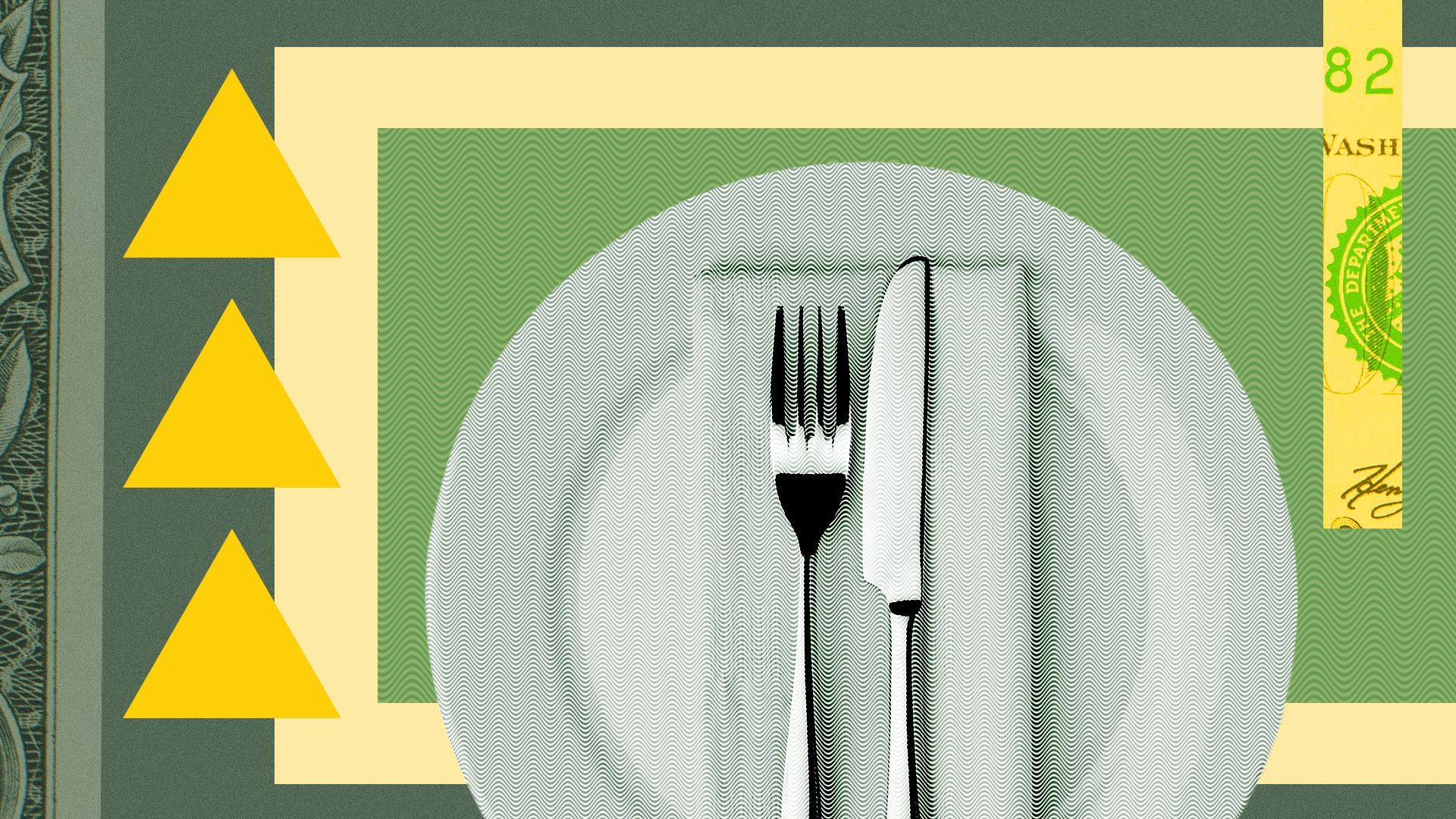 a plater with a knife and fork surrounded by triangles rectangles and cutouts of money 