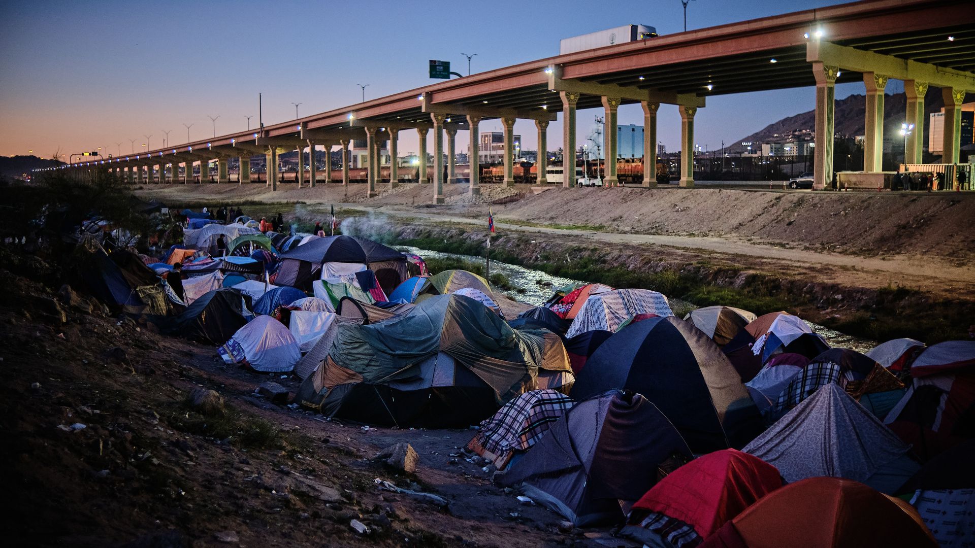  A view from the camp majorly populated by Venezuelan migrants in front of the US Border Patrol operations post across the Rio Bravo River in Mexico 