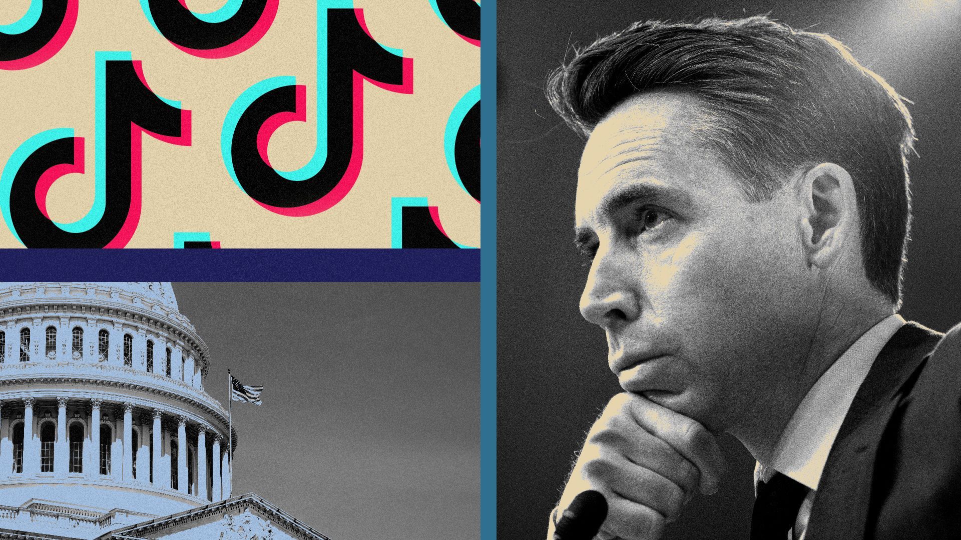 Photo illustration of Sen. Josh Hawley, the U.S. Capitol building and TikTok logos.