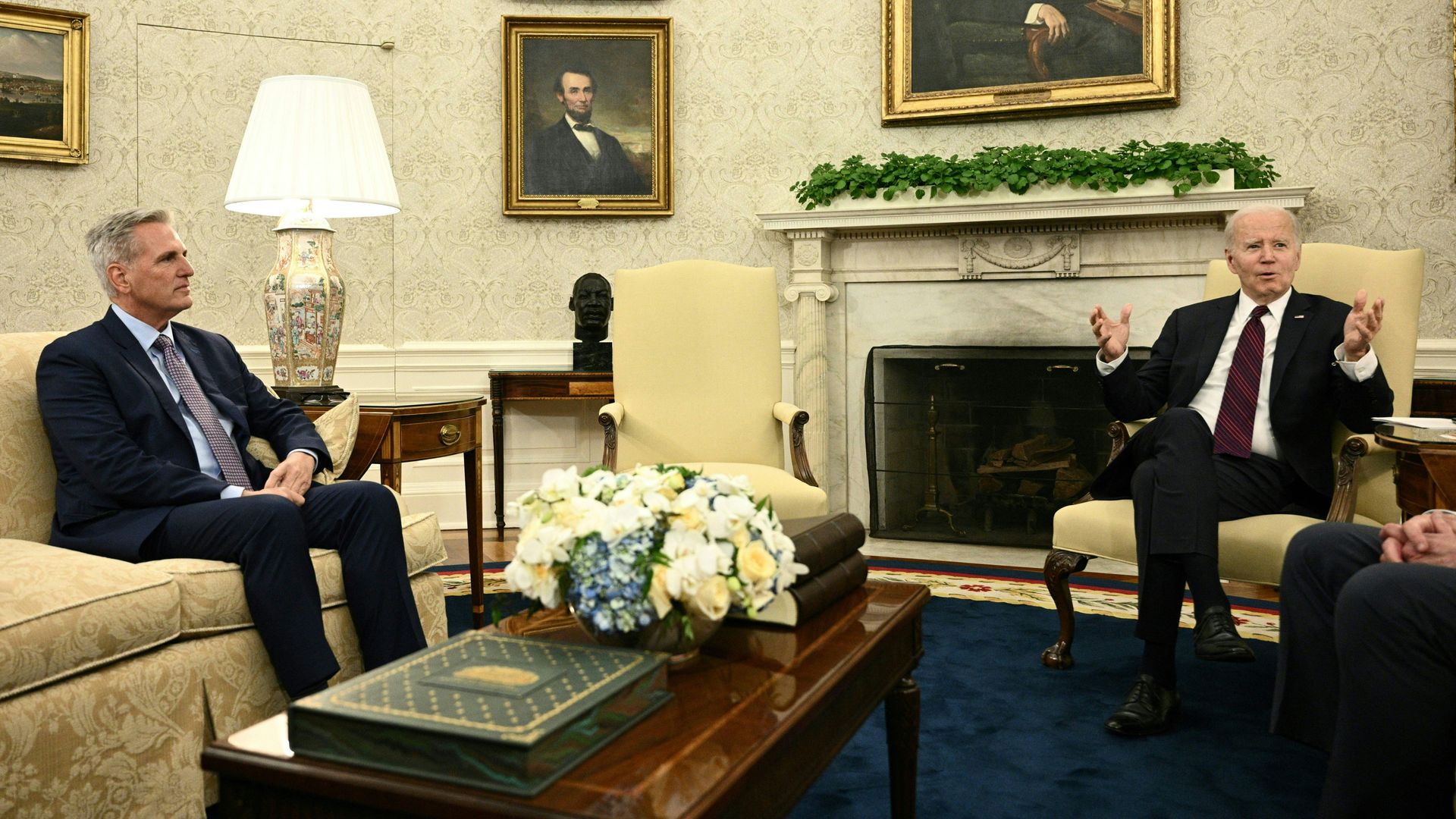 President Joe Biden (R) meets with US Speaker of the House Kevin McCarthy in the Oval Office of the White House in Washington, DC, on May 9, 2023. 