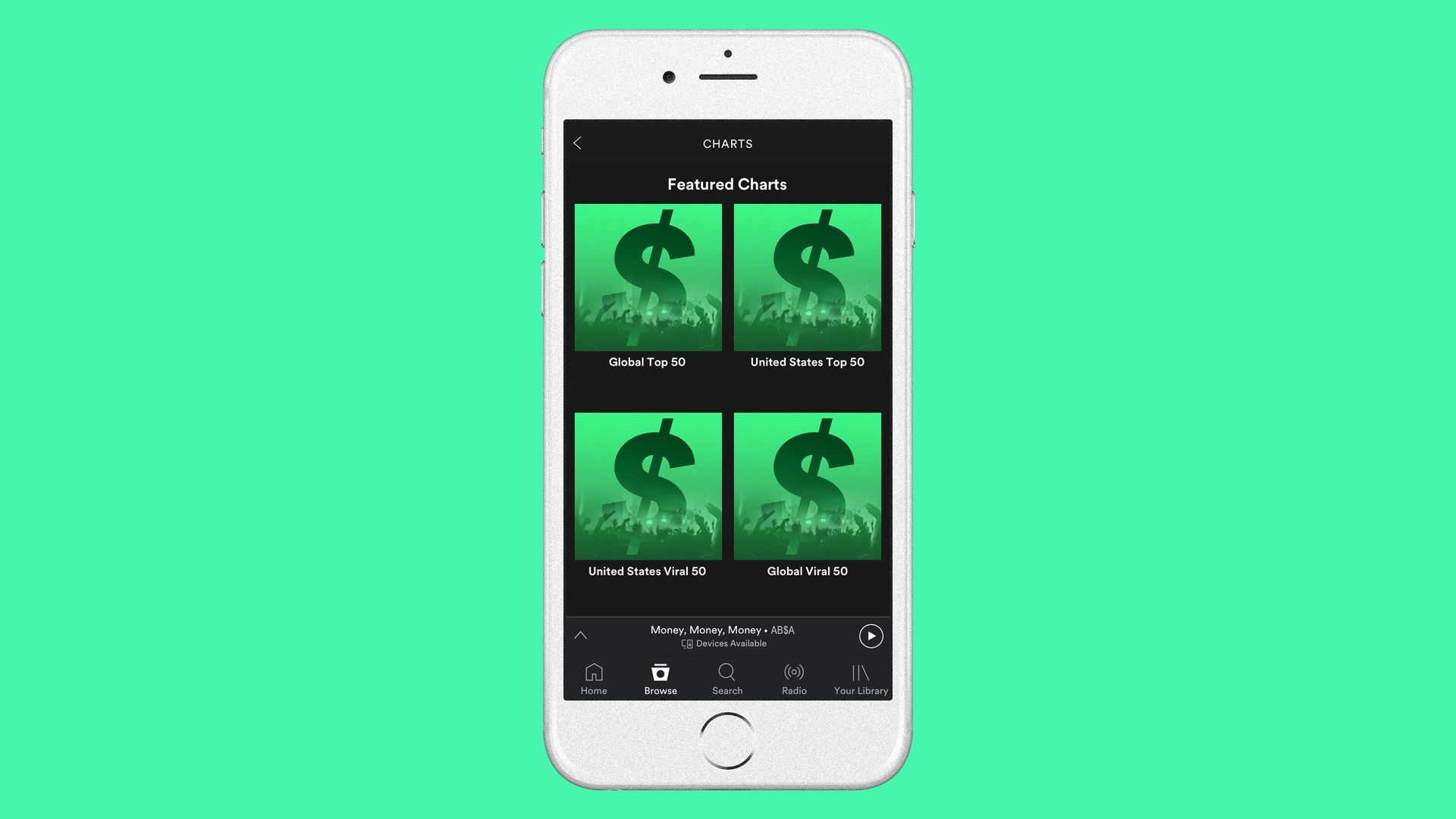 Spotify and cash on a phone.