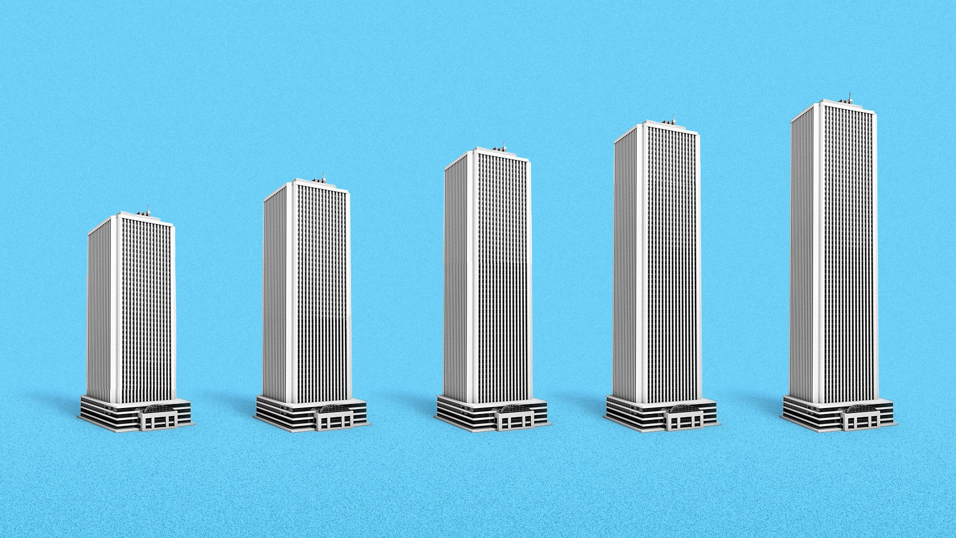 An illustration of five skyscrapers lined up to appear like signal bars on a cell phone.