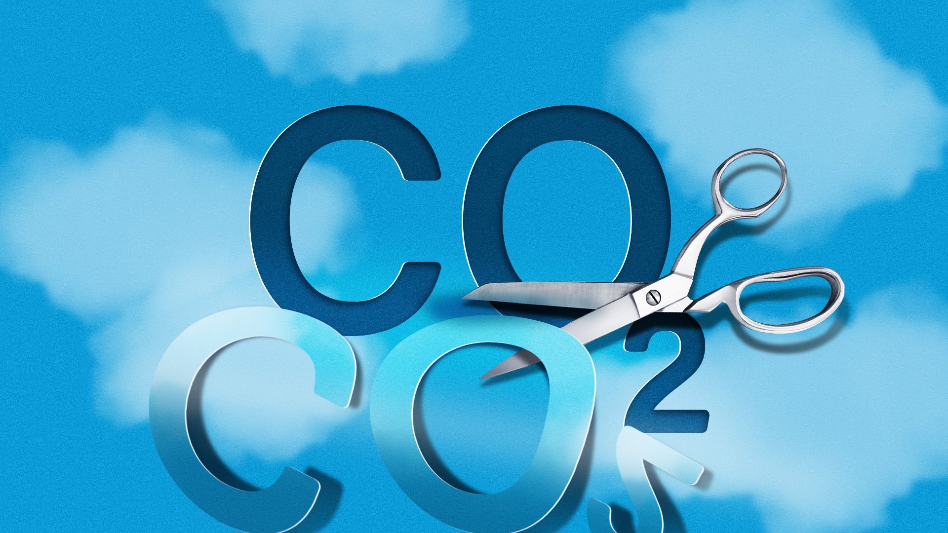 Illustration of the words CO2 behind cut out of a sky by a pair of scissors