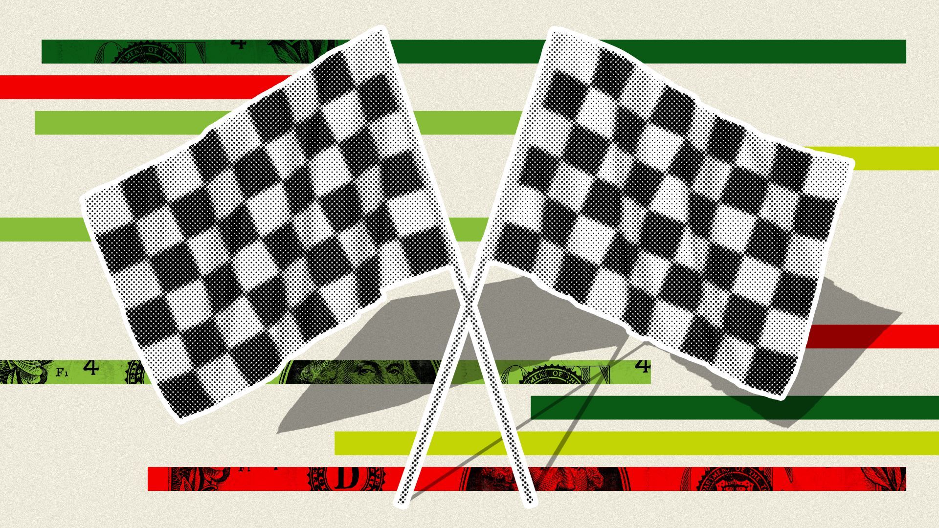 Illustration of two crossed checkered flags atop shapes and money textures