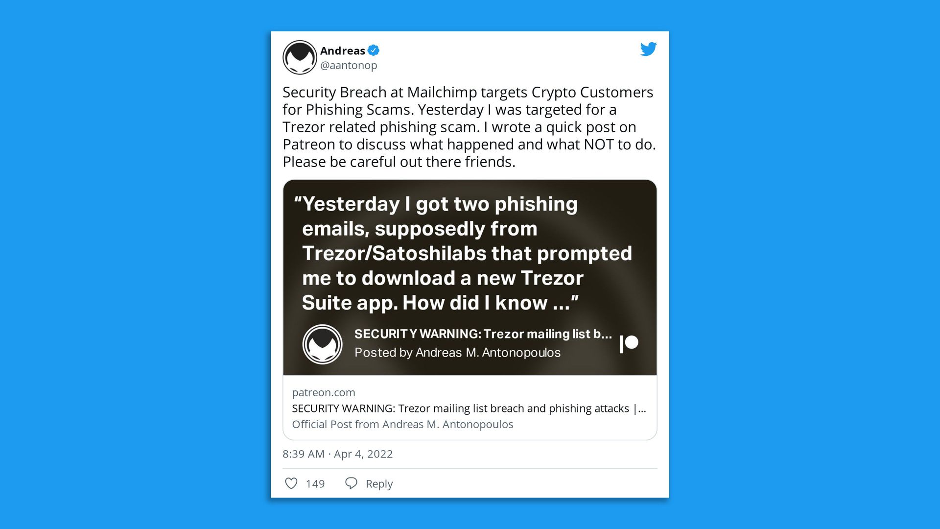 Tweet about a phishing scam based on Trezor's stolen email list. 