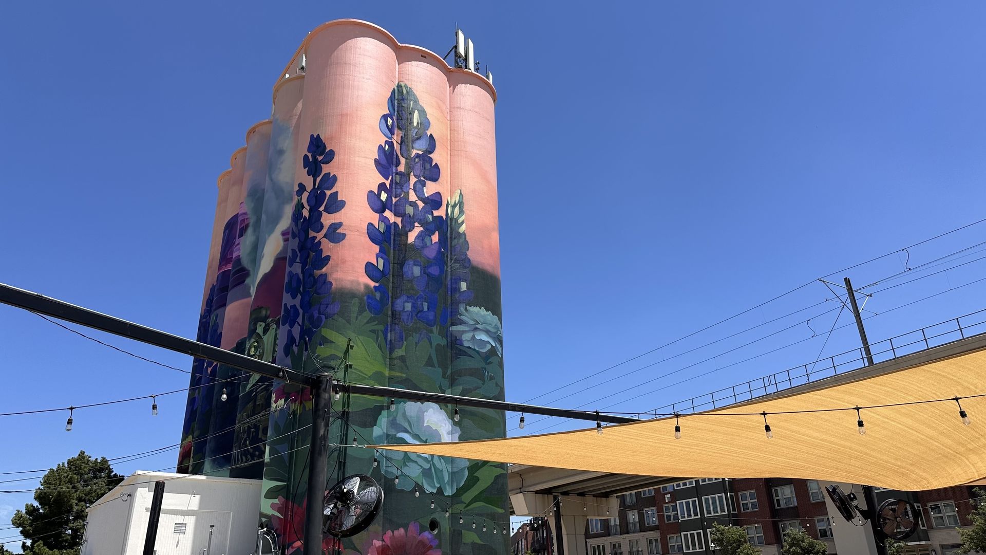 A photo of a grain silo tower painted with bluebonnets and trains on a light orange background 