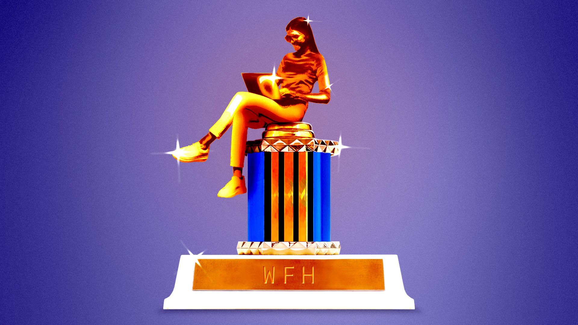 Illustration of a trophy labeled "WFH" with a figurine on top posed in a seated position and typing on a laptop. 