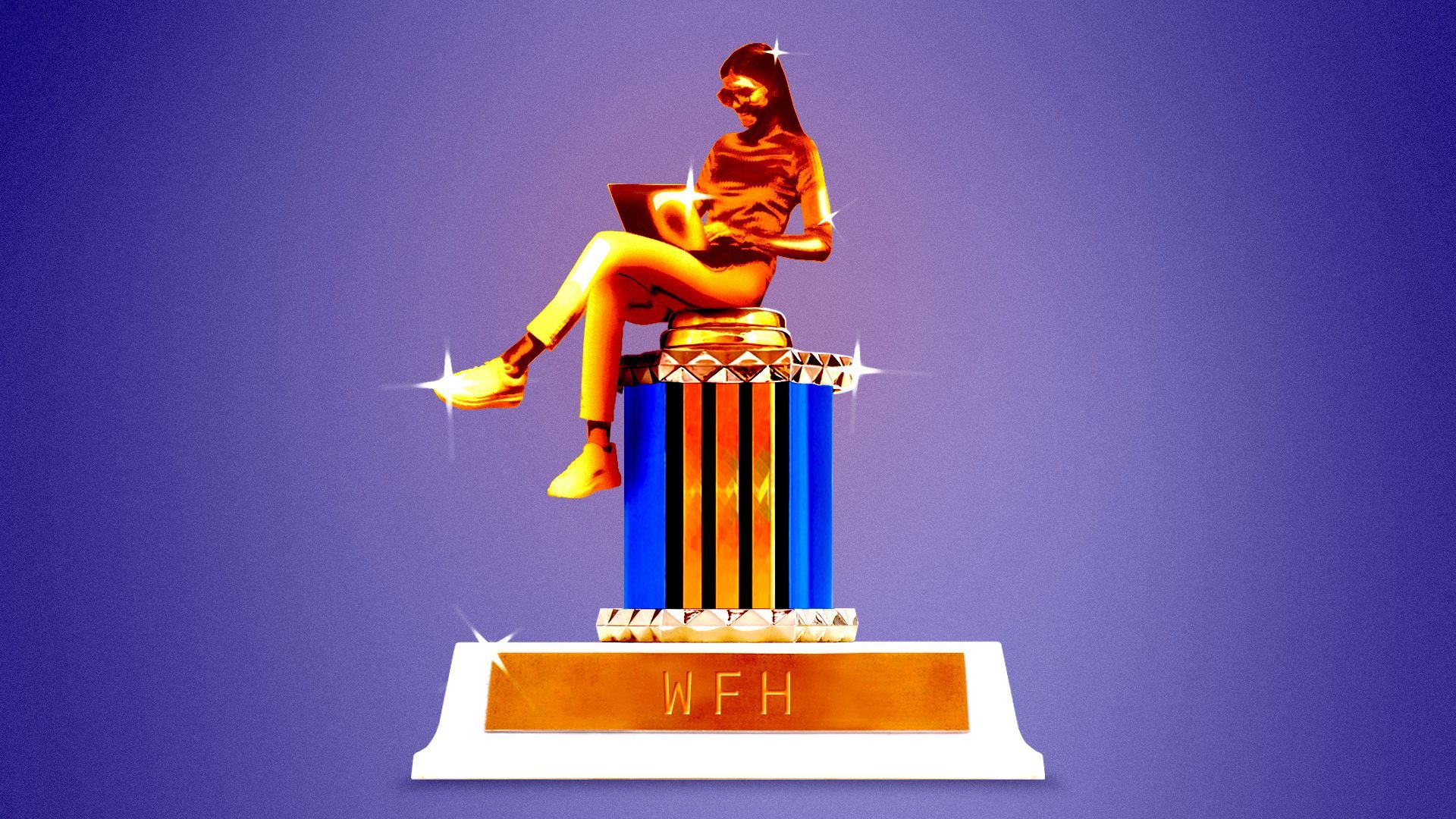 Illustration of a trophy labeled "WFH" with a figurine on top posed in a seated position and typing on a laptop. 
