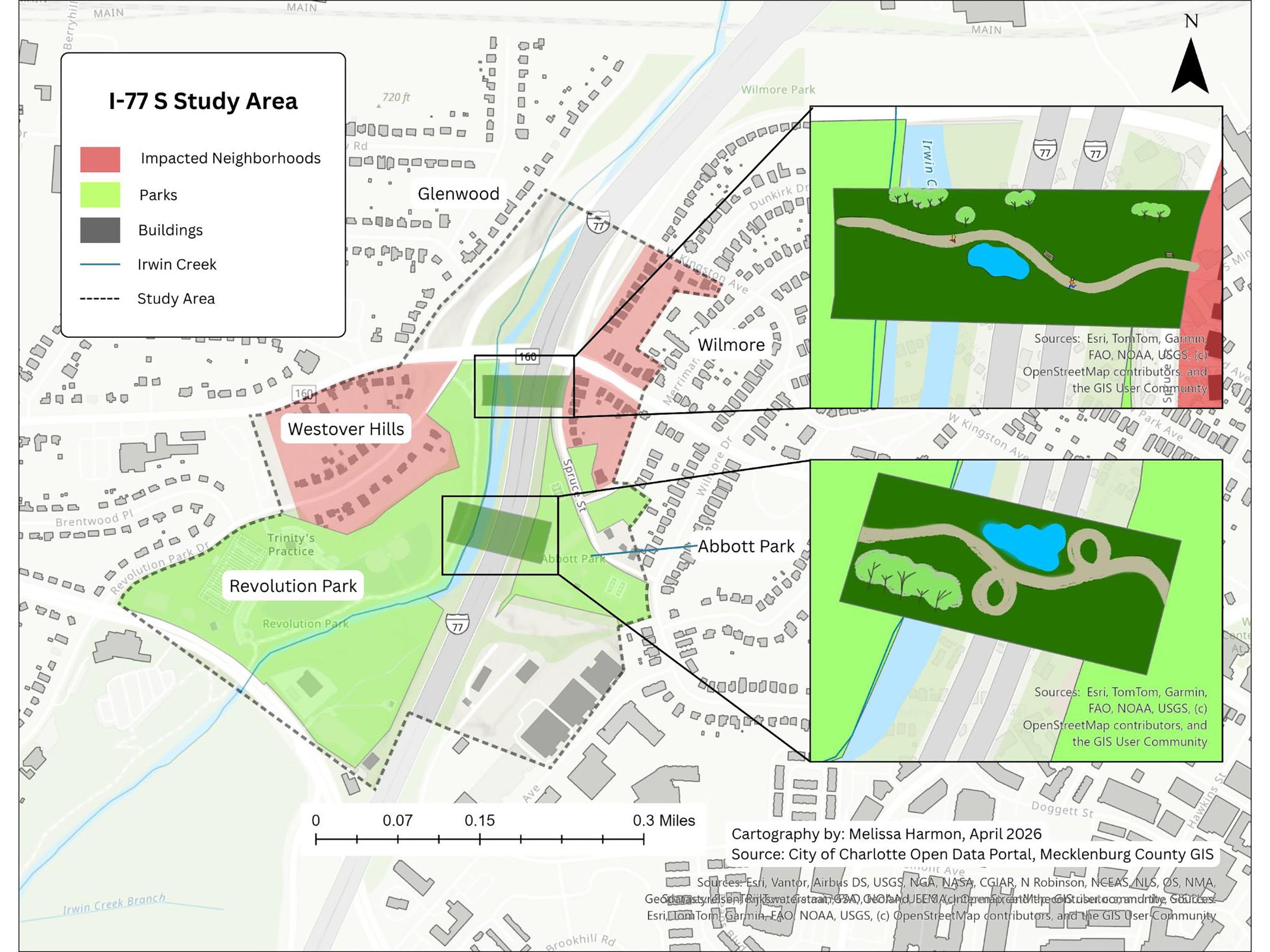 Map of the "I-77 S Study Area" showing red shaded Impacted Neighborhoods, bright green Parks, gray Buildings, blue Irwin Creek, and a dashed boundary. Insets highlight a park trail and pond.