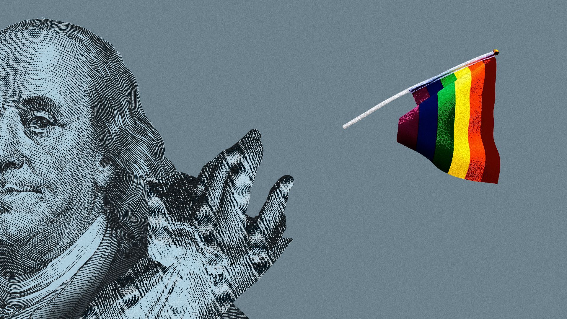 Illustration of Benjamin Franklin tossing a pride flag over his shoulder.