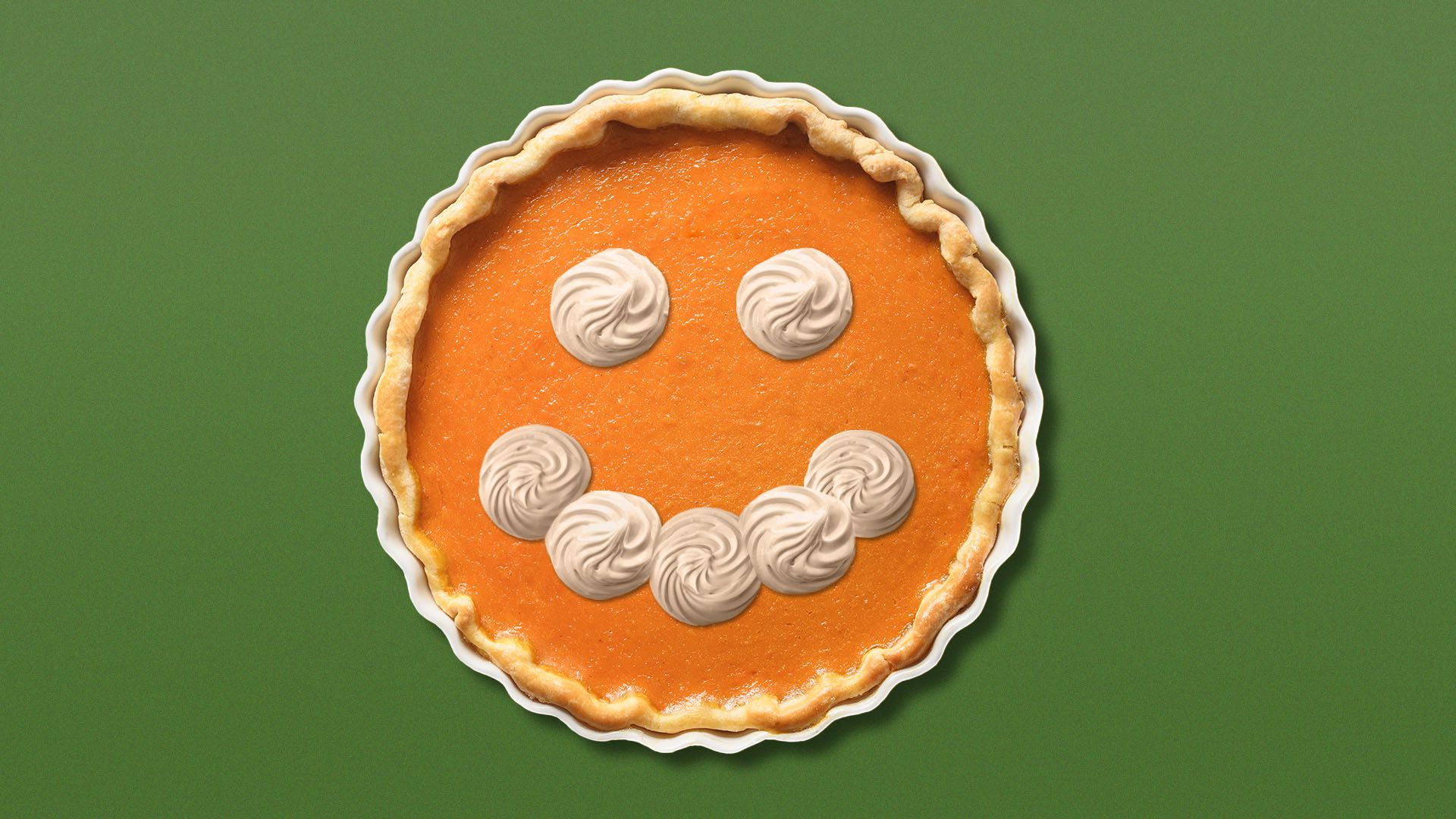 an illustration of a pumpkin pie covered in whipped cream shaped like a smiley face