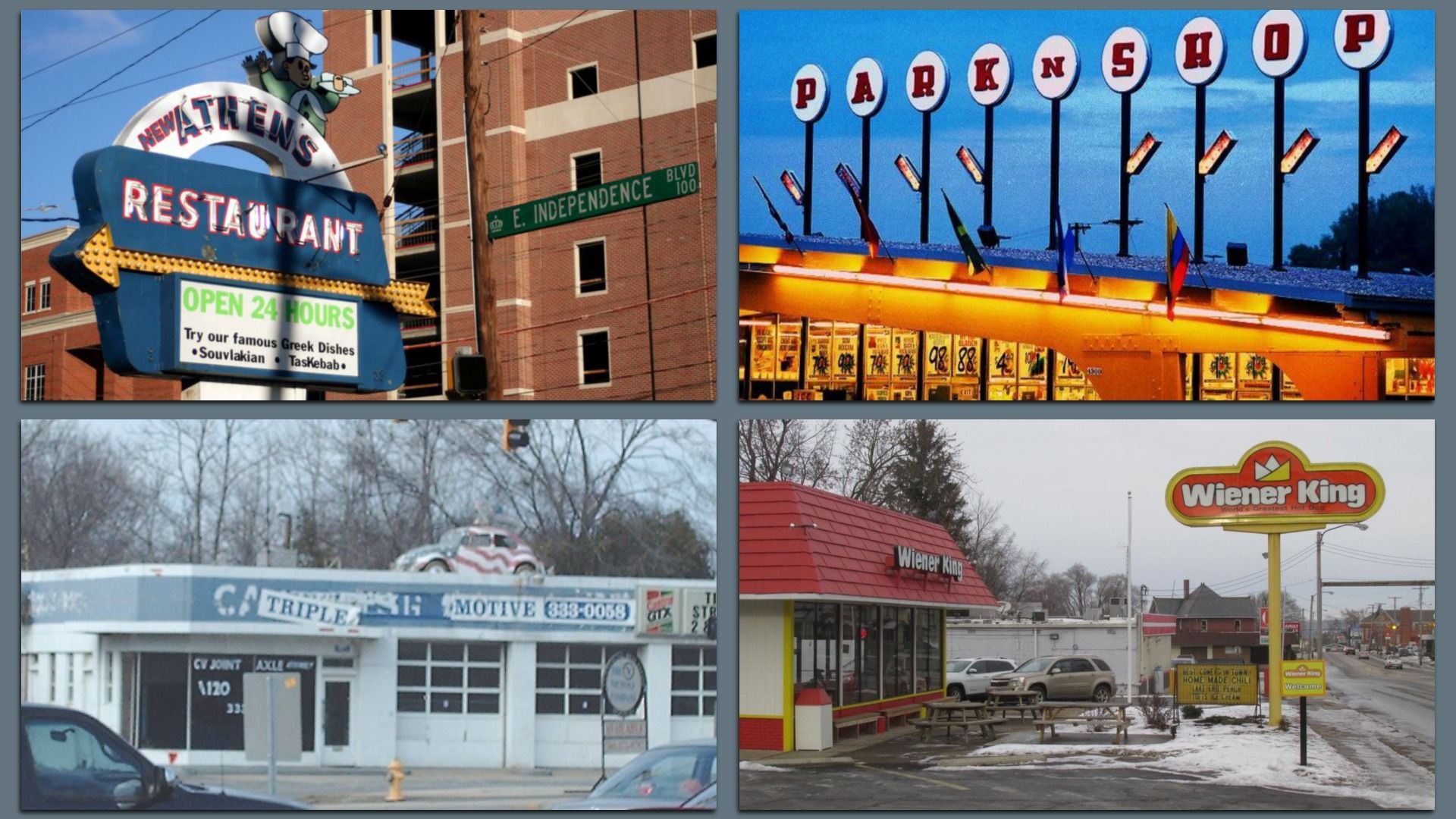 Collage of four restaurant signs: New Athens Restaurant with chef figure, Park N Shop with tall letter signs, Triple Automotive with car on roof, and Wiener King with red roof and yellow sign in snowy setting.