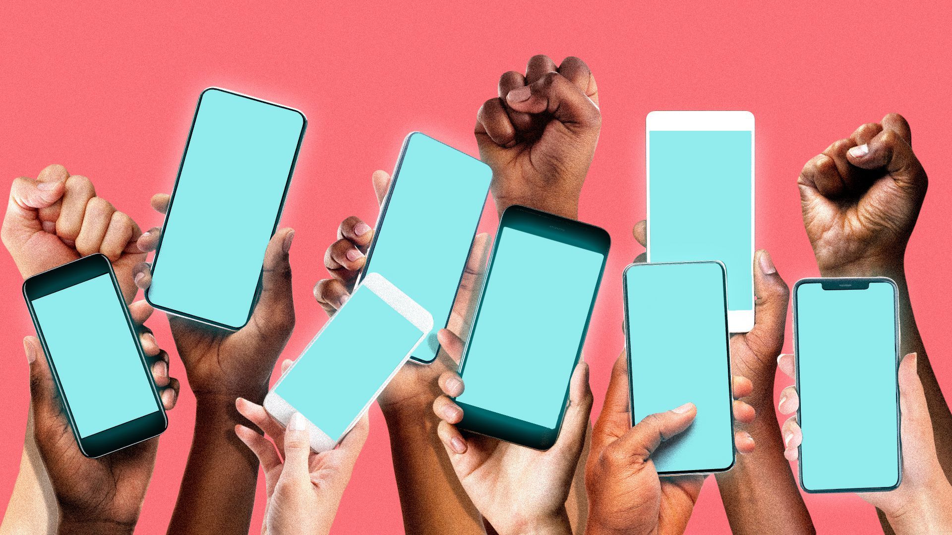 Illustration of a diverse crowd raising fists and cell phones. 