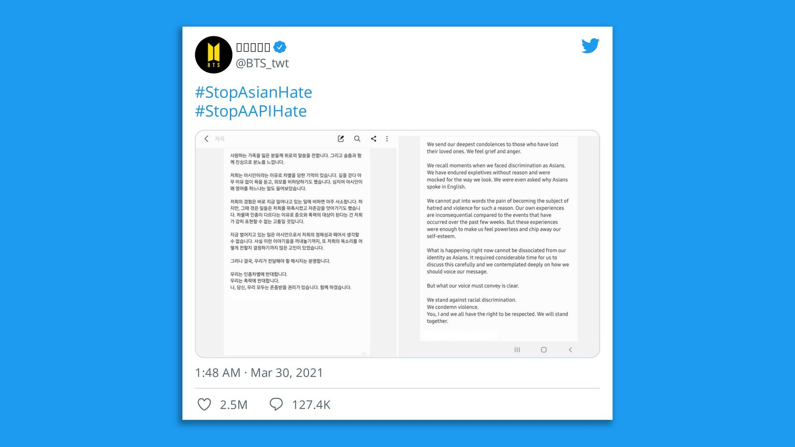BTS Stop Asian Hate tweet was most retweeted in 2021