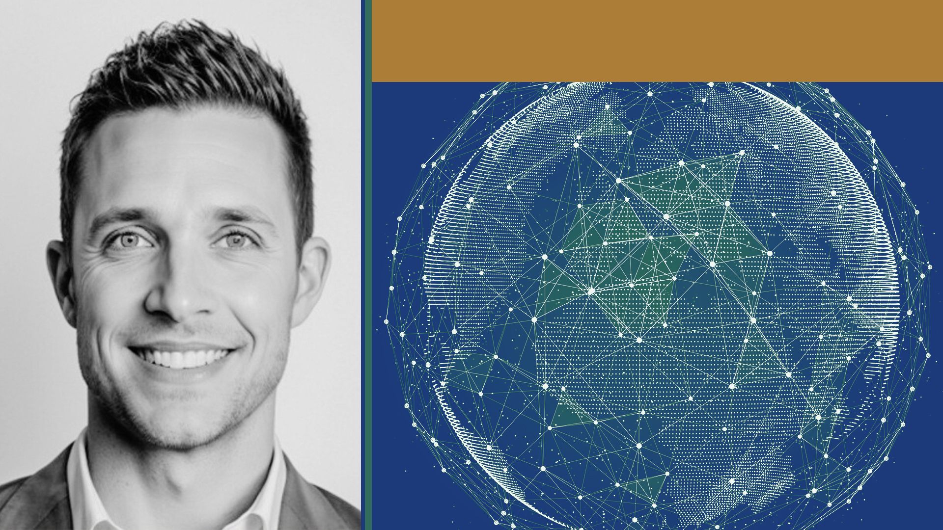 Photo illustration of Eric Jensen next to a collage of colorful rectangles and an abstracted image of satellites surrounding the earth.