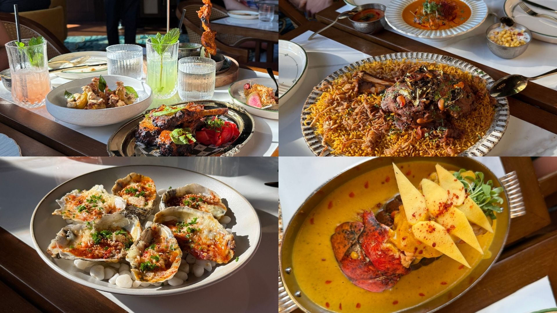 Zamindar's. Collage of four dishes on a dining table: top left mint cocktails with lime and grilled meat; top right large beef biryani; bottom left herb-topped oysters on white pebbles; bottom right yellow beef curry with triangular crisps.