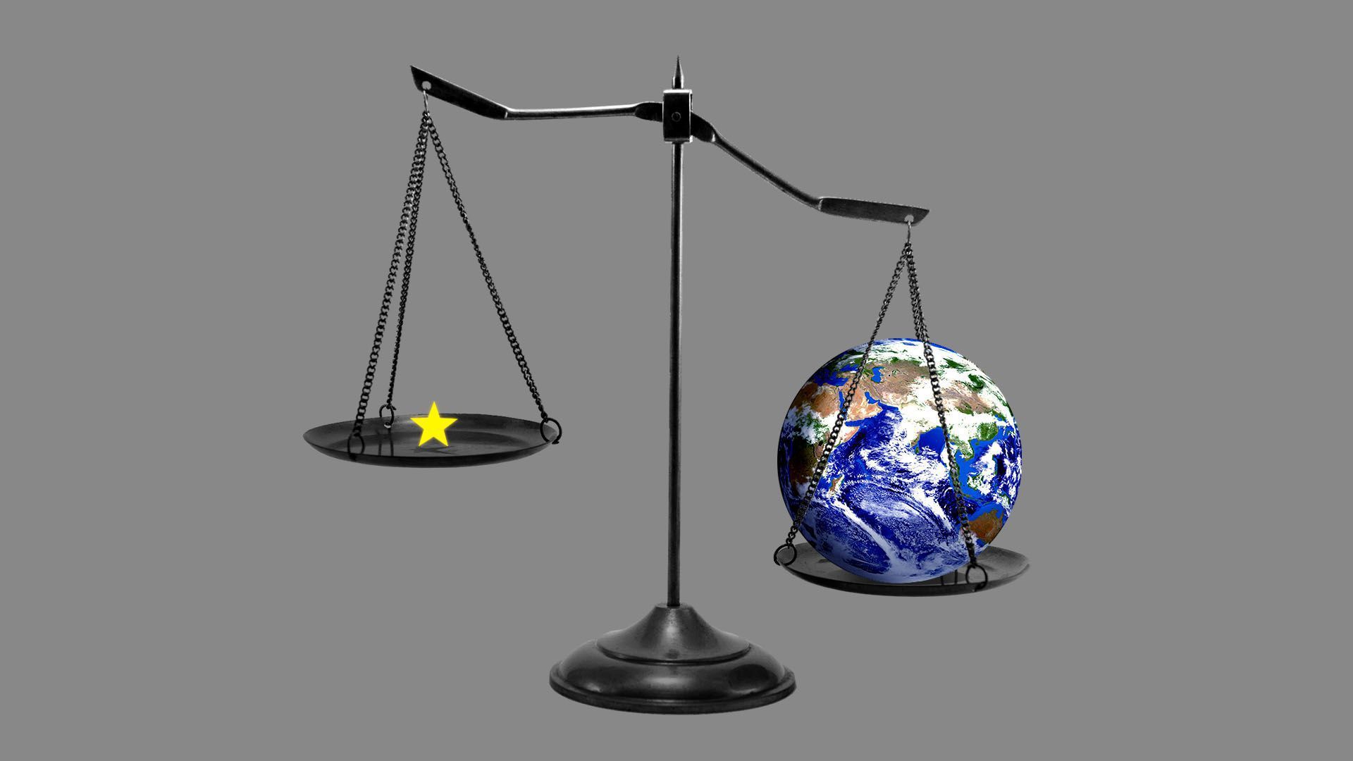 A balance scale with a EU star and the Earth