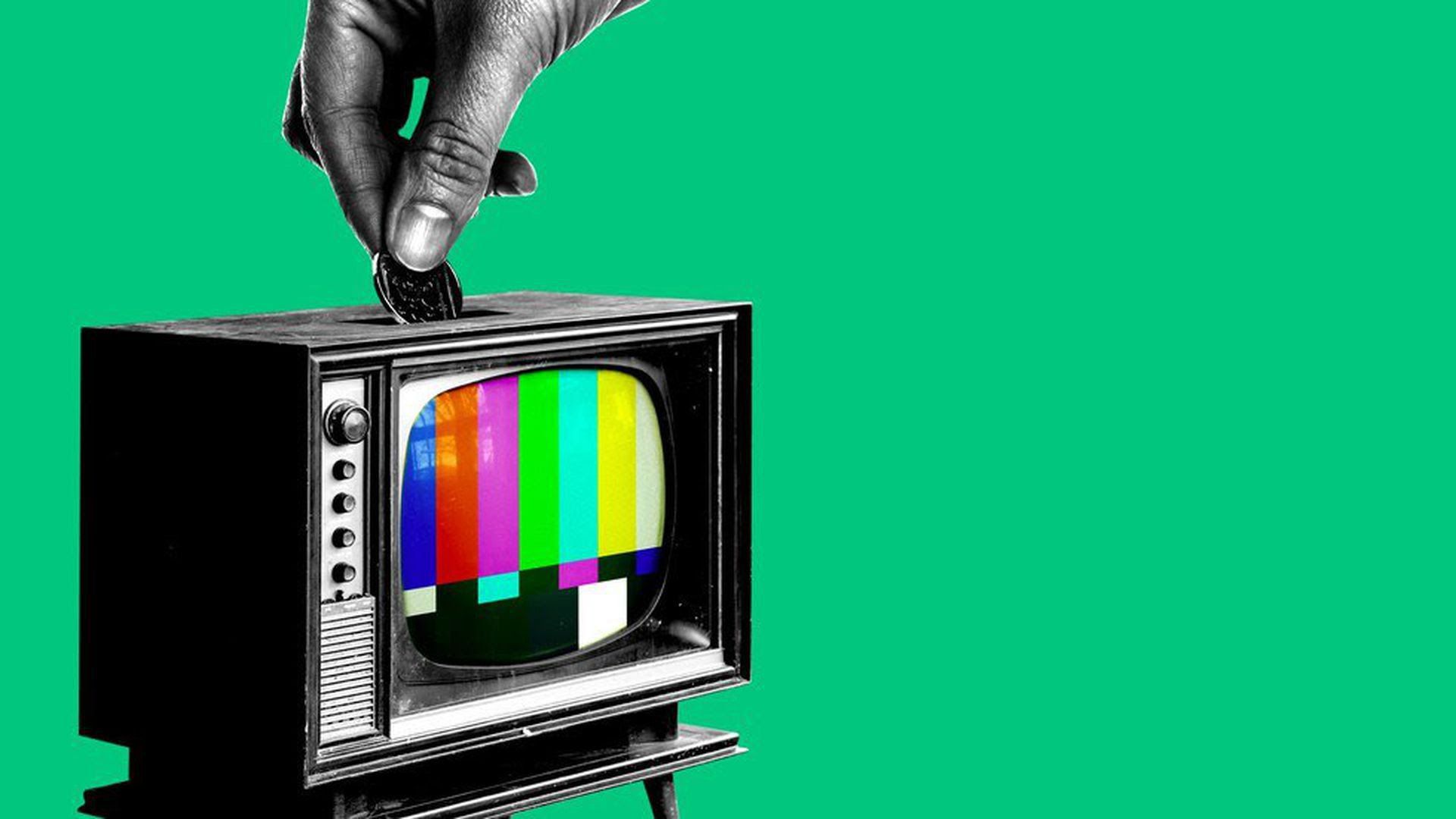 illustration of an old tv and a hand inserting a quarter at the top