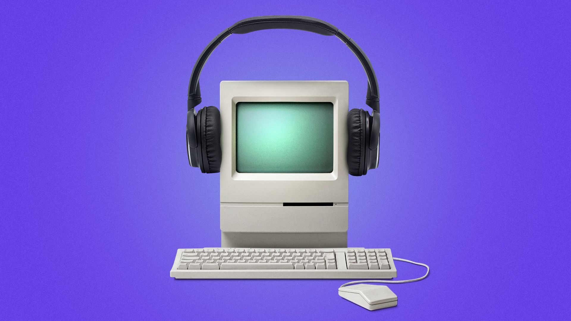 Illustration of a desktop computer wearing headphones on its screen. 