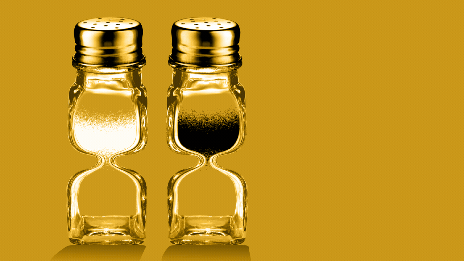 Illustration of salt and pepper shakers shaped like hourglasses, with the salt and pepper trickling down.