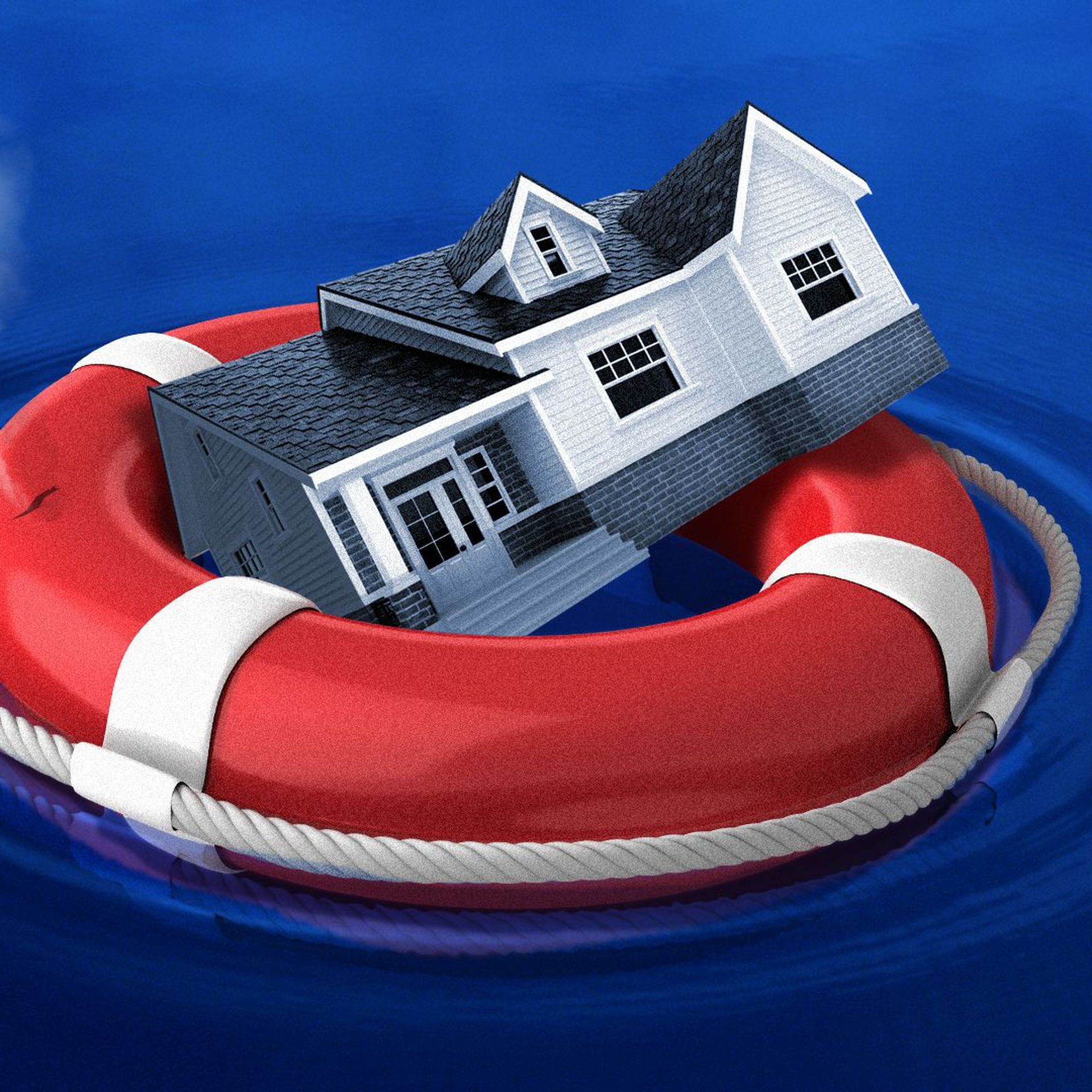 Illustration of a house in a deflating life preserver floating in water