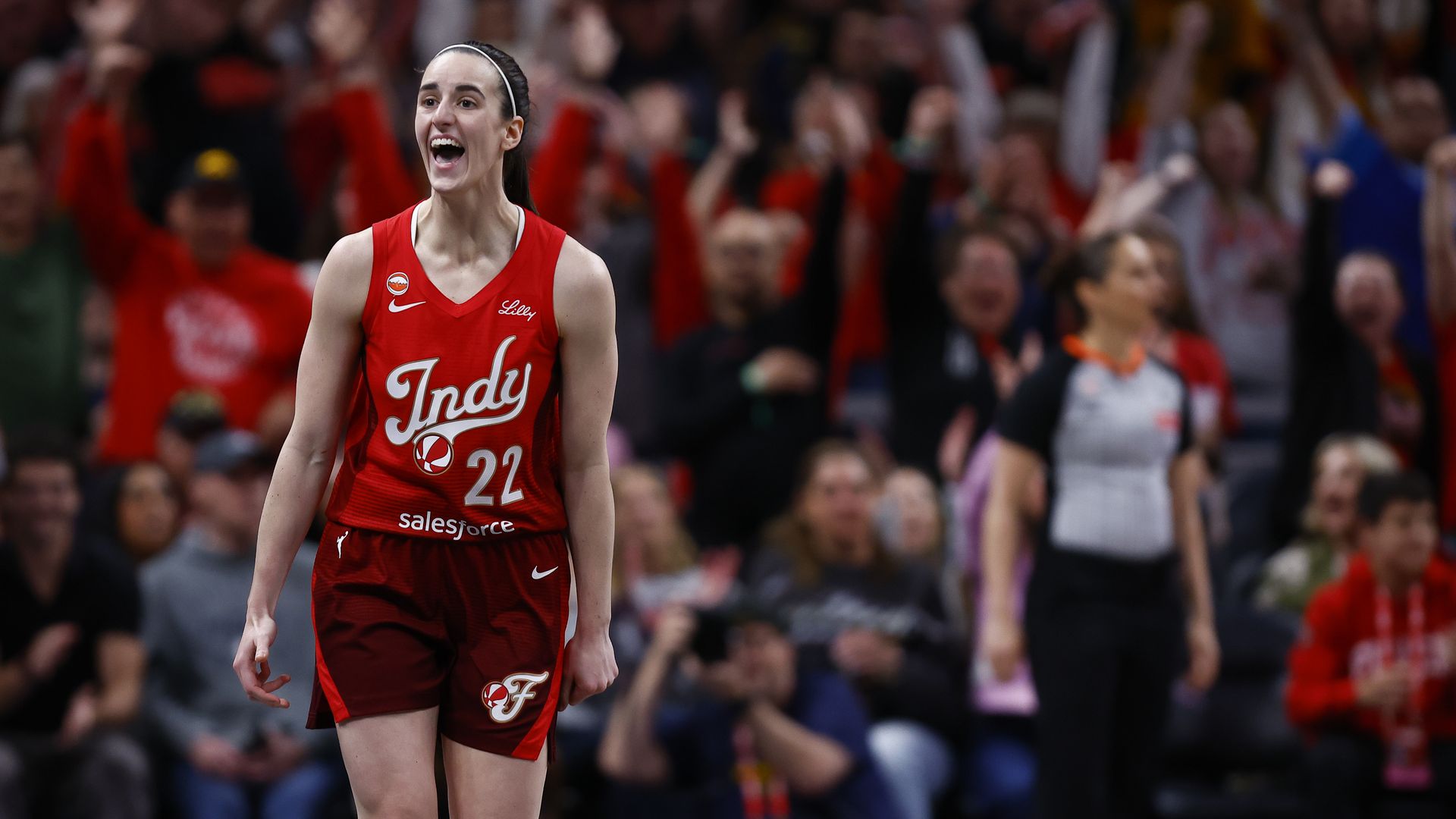 Indiana Fever guard Caitlin Clark (22) reacts after connection on a three pointer in the second half of play during a WNBA game between the Washington Mystics and Indiana Fever on May 15 2026 at Gainbridge Fieldhouse in Indianapolis, IN.