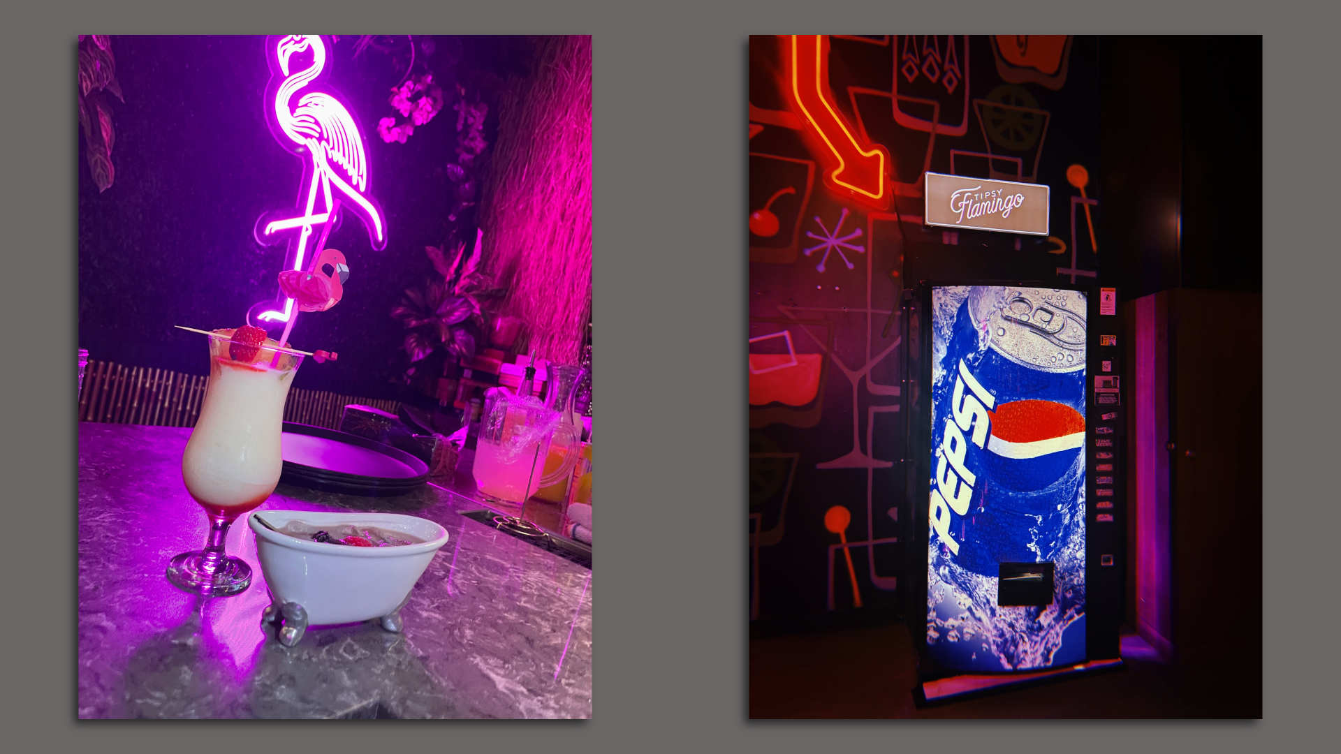 Two images inside a 1980s-themed cocktail bar.