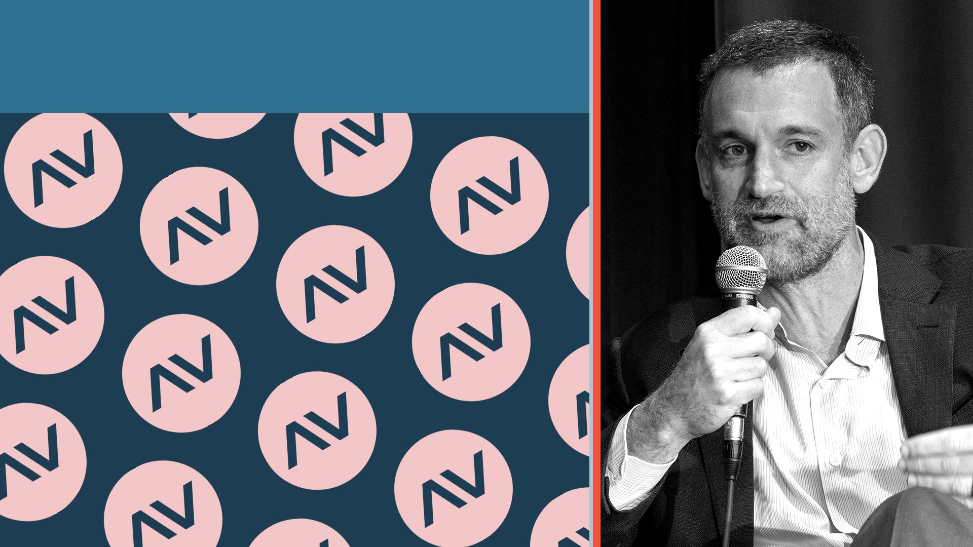 Photo illustration of John Arnold next to colorful rectangles and a pattern of Arnold Ventures logos.